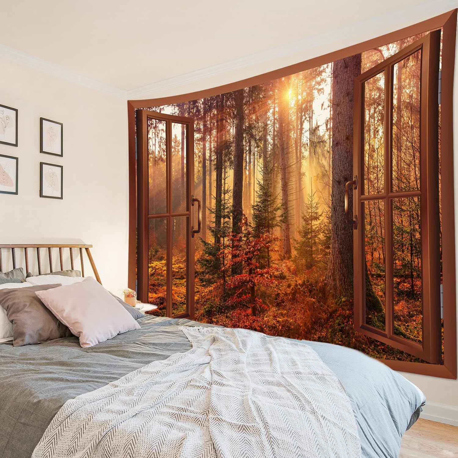 HVEST Fall Tapestry Autumn Maple Tree Forest Scenery outside Window Tapestry for Bedroom, Rustic Thanksgiving Wall Art for Living Room Dorm Holiday Wall Decor, 59W X 51H Inches image 5
