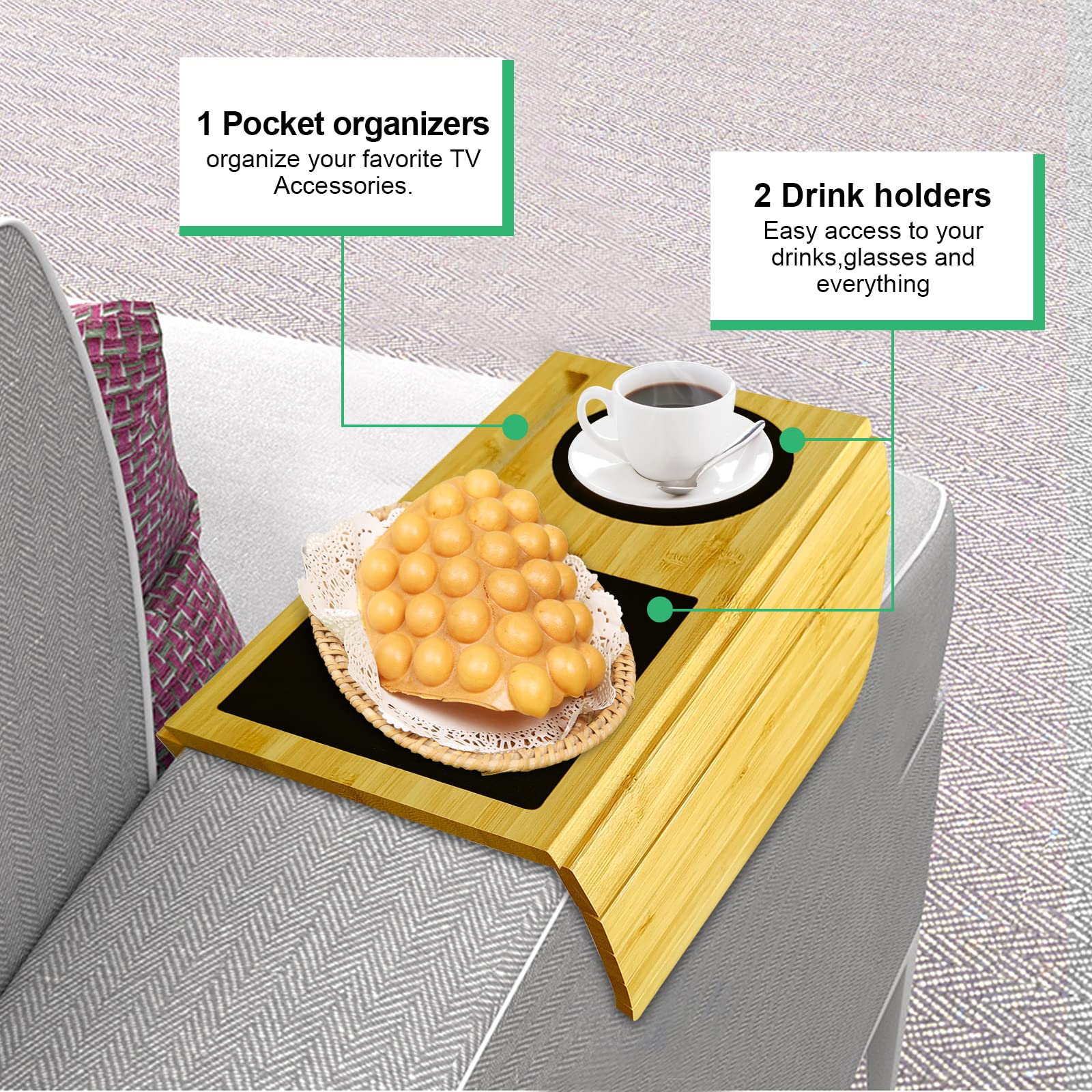 Plateau De Canapé En Bambou Avec Accoudoirs - Pliable, Antidérapant, Avec Porte-gobelet - Idéal Pour Collations, Télécommande, Boissons