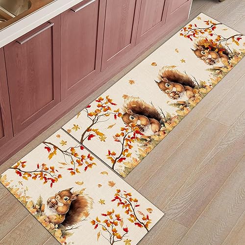 Miniatura 7 de Alfombra de camino de cocina, Acción de Gracias, ardilla, hoja de arce, árbol de hoja de arce, conos de pino vintage, antideslizante, alfombra para