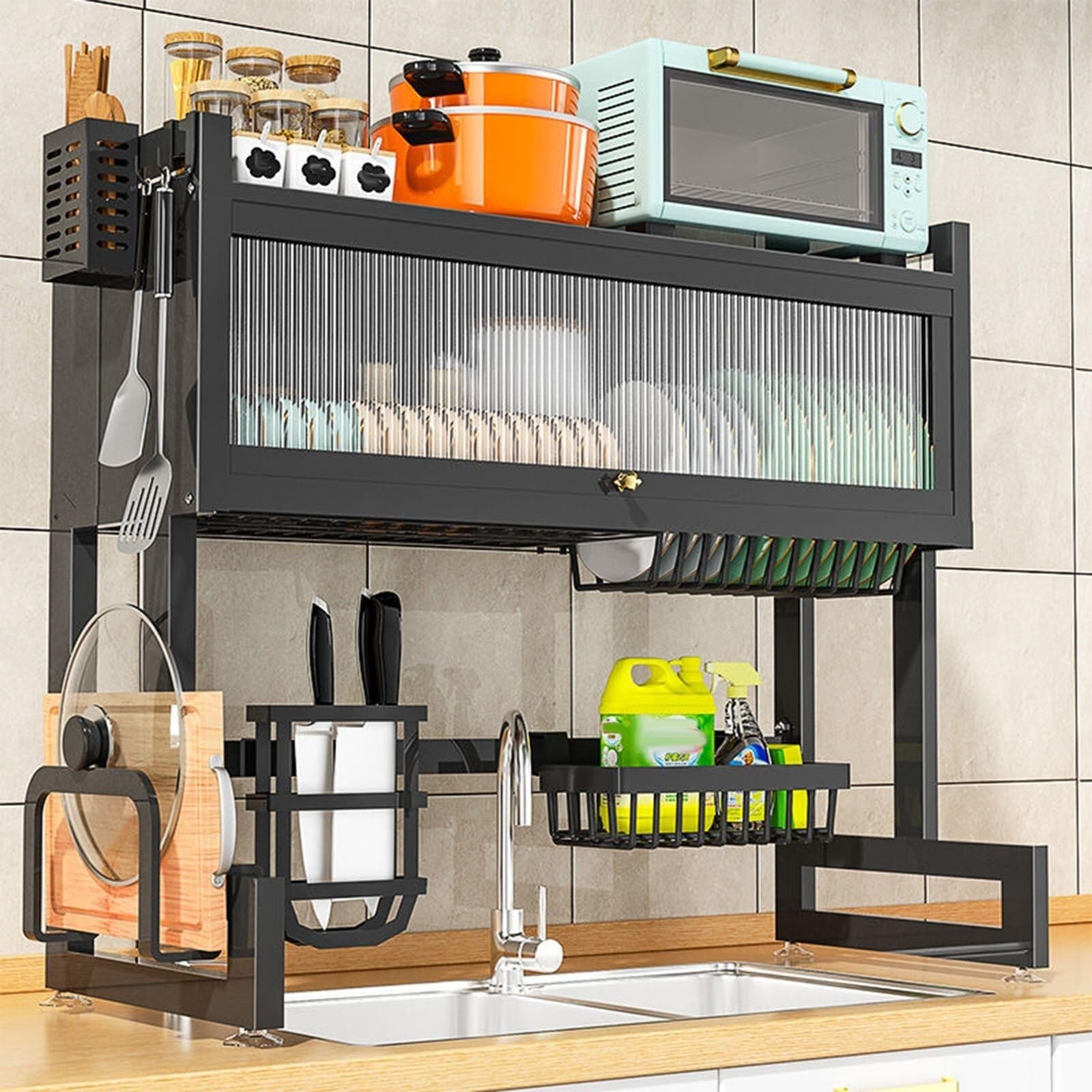 WLH Alexanders Over the Sink Dish Drying Rack 2 Tier with Cover.Space-Saving Dish Drainer Organizer for Dishes, Glasses Bowls dish rack(Nero,75cm)