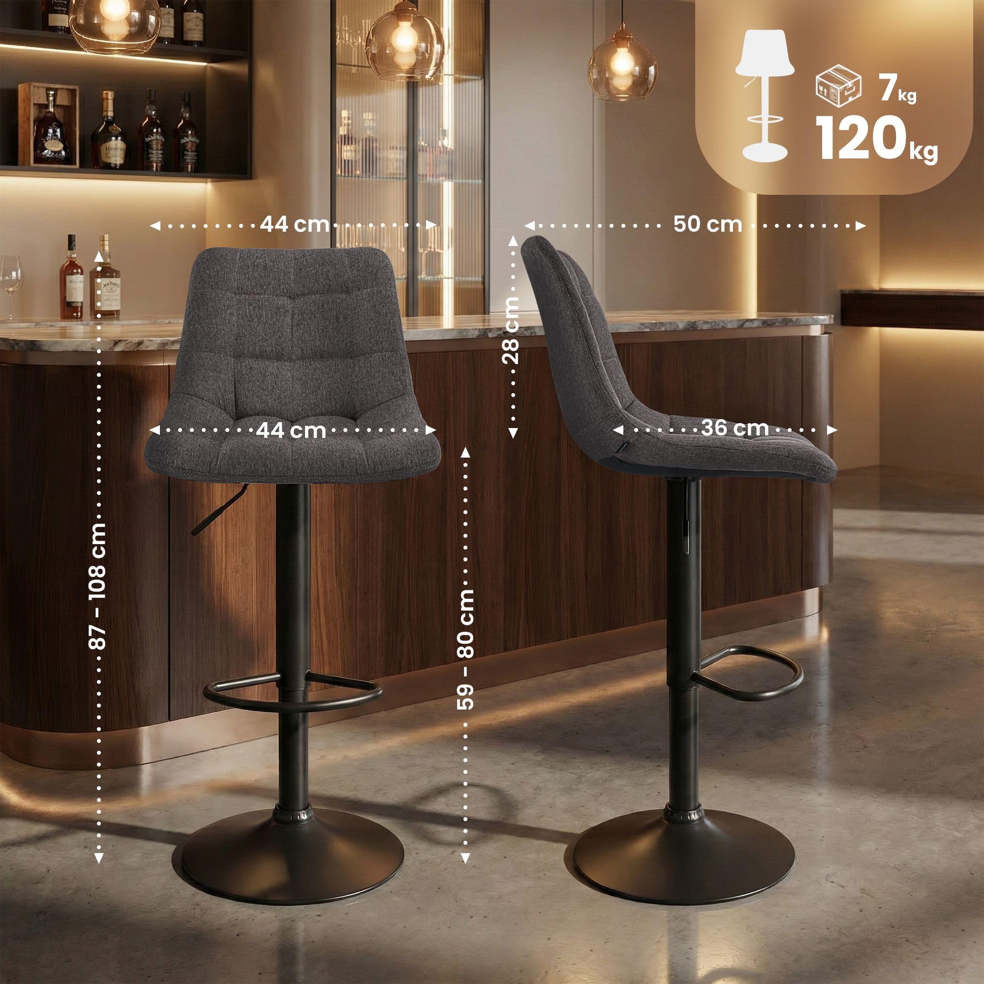 CLP Taburete de Bar Mapun, Silla de Bar Regulable en Altura y giratoria 360 Grados, Acolchada, con Estructura Metalica para Cocina, Color:Gris Oscuro, Material:Tela