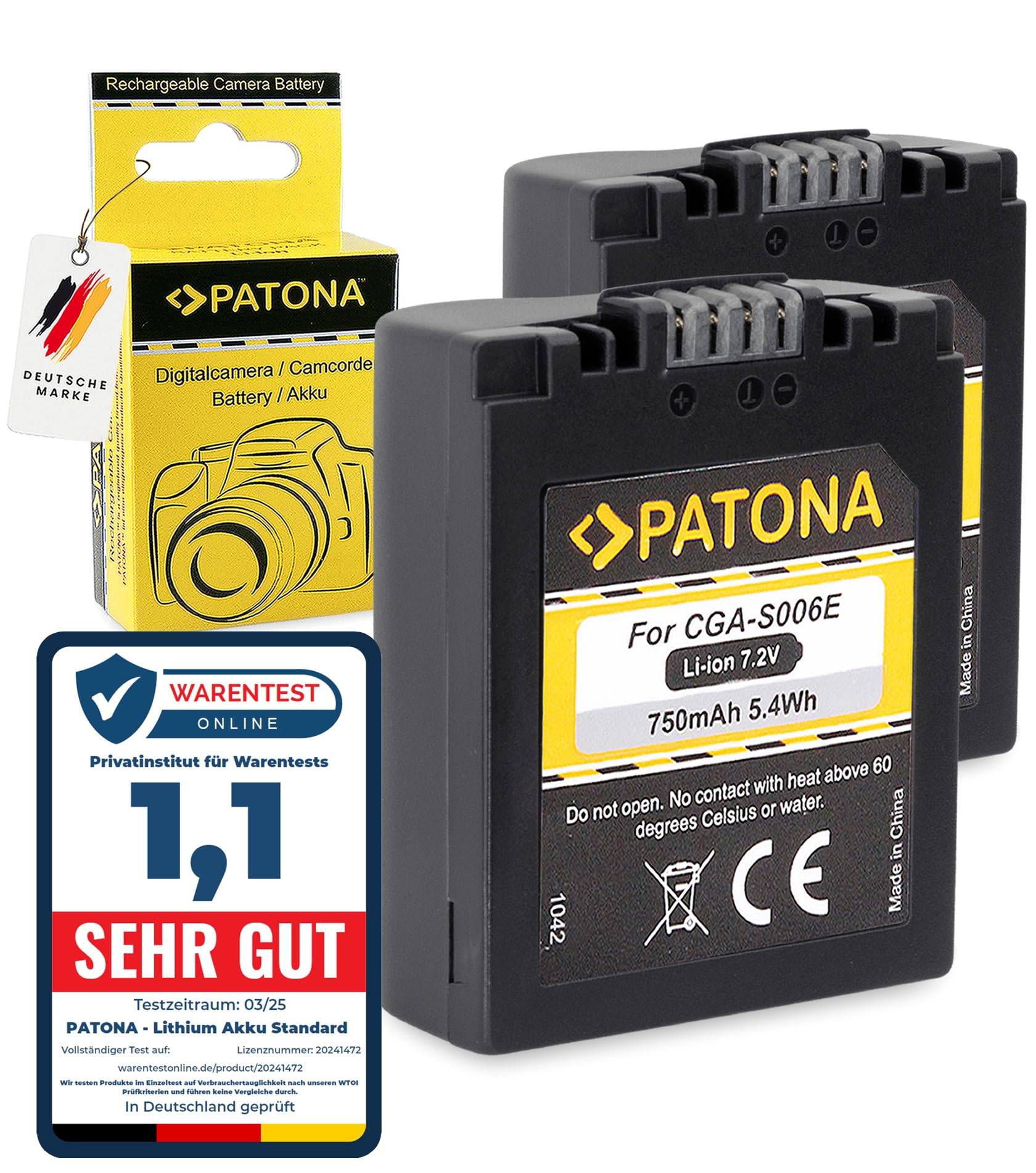 PATONA 2X CGA-S006 Batteria 750mAh – Ricambio per Panasonic CGA-S006E – per Lumix DMC-FZ7 FZ8 FZ18 FZ28 FZ30 FZ35 FZ38 FZ50, Leica V-Lux 1 – doppia riserva