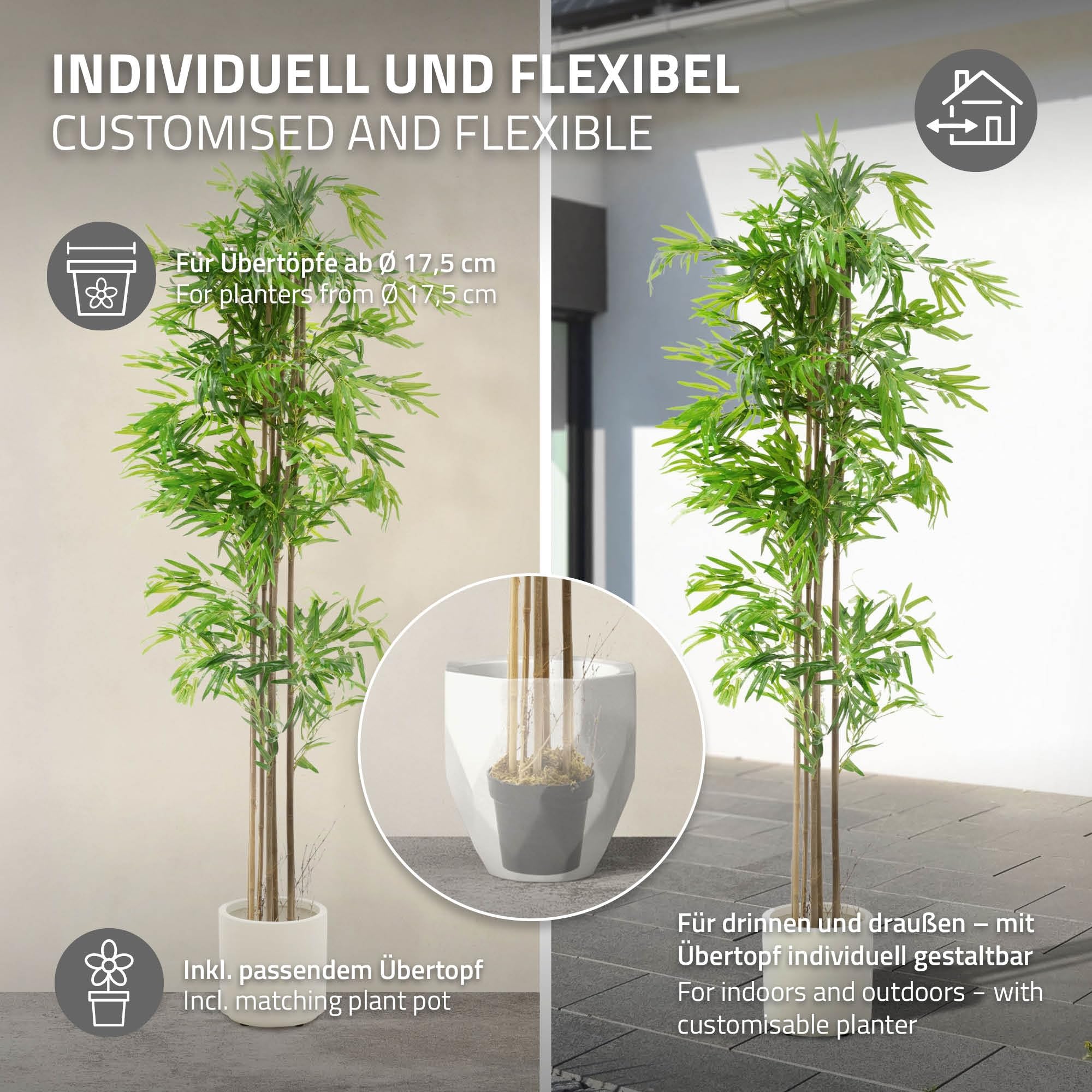 ML-Design Bambou Artificiel 210 cm Décoratif, Plante Verte Grande avec Tronc en Bois Véritable, Fausse Plante en Pot, Déco Aspect Naturel, Arbre pour Intérieur/Extérieur Chambre Balcon Salon Bureau