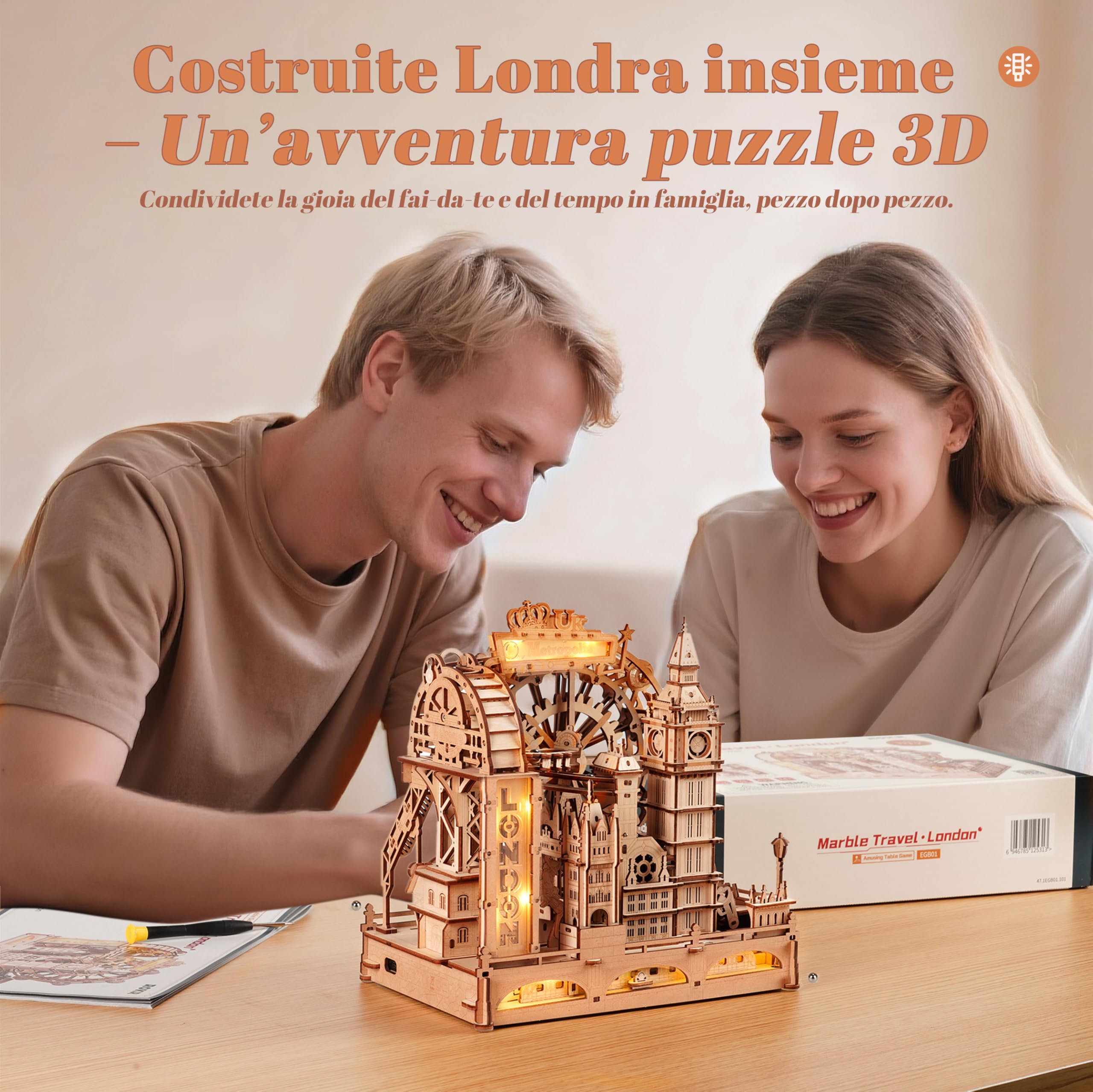 ROBOTIME Puzzle 3D in Legno con Circuito a Biglie – Modello Meccanico da Costruire Londra, Kit Fai-da-Te con Luci per Adulti e Adolescenti, Regalo Decorativo Creativo, EGB01