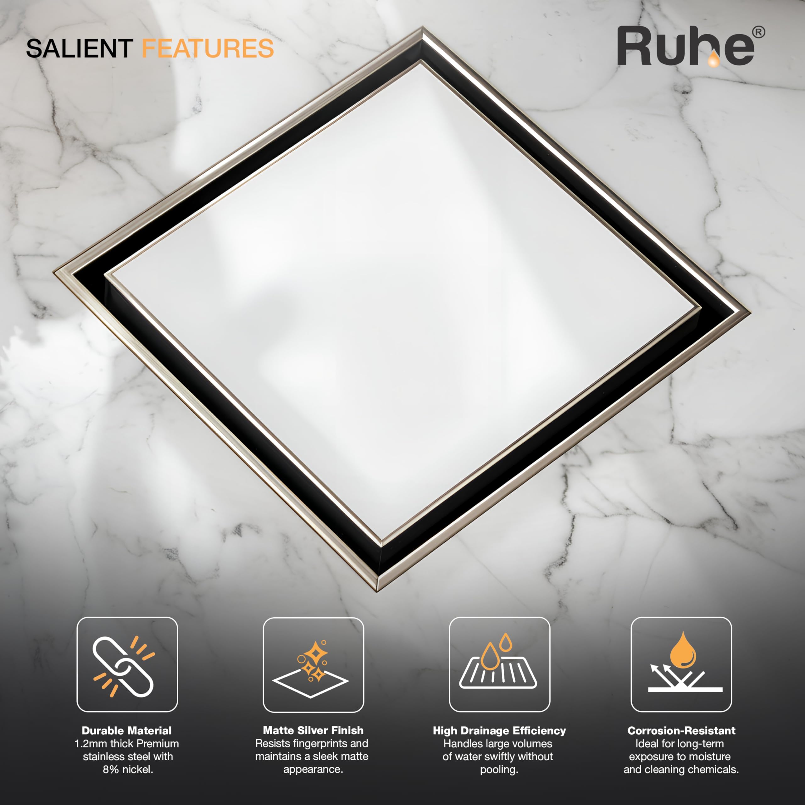 Ruhe® Tile Insert Floor Drain, Pack of 1 | 5 x 5 Inches | Premium Grade Stainless Steel Invisible Shower Drain Channel | Waste Water Floor Drain for 13mm Tile with Cockroach Trap 2