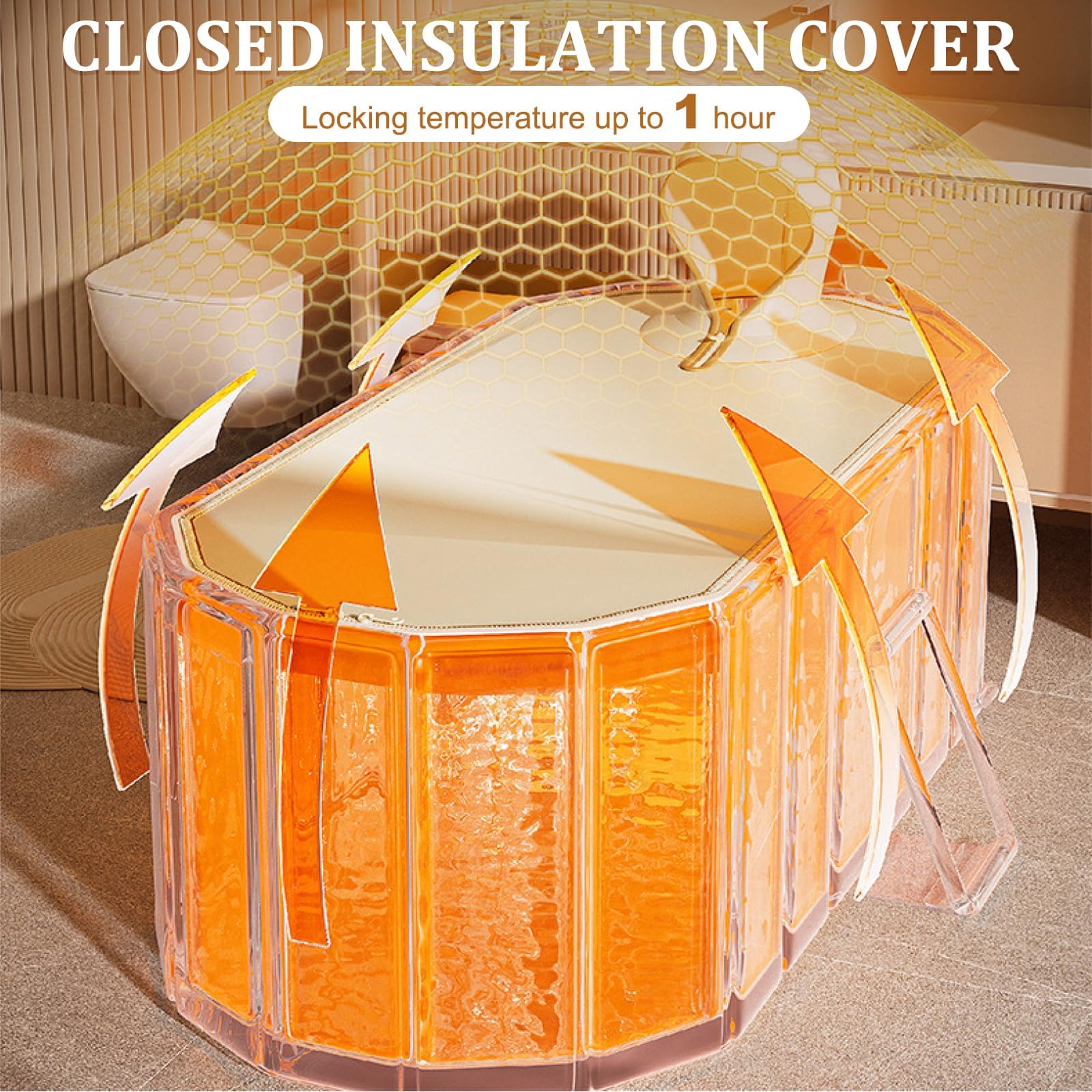 Baignoire pliante pour adulte avec couvercle, conception isolée portable, baignoire pliante profonde, comprend un coussin de siège et un tuyau de vidange de 1,5 mètre, couleur dorée.