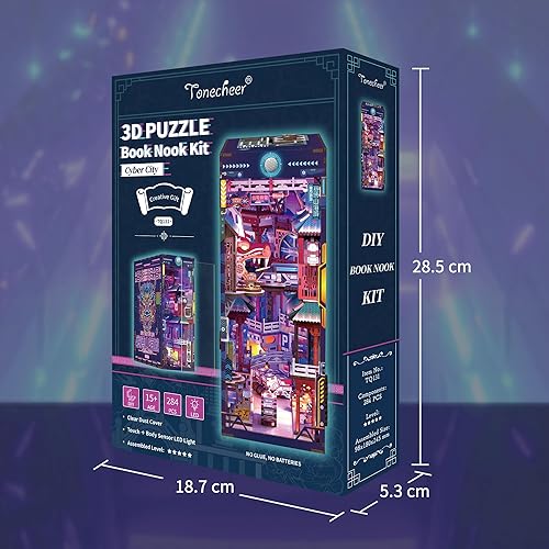 Miniatura 7 de Tonecheer Kit de rincón de libro para adultos, rompecabezas 3D de madera para estantería, decoración de estantería Cyber Punk, kit de casa en