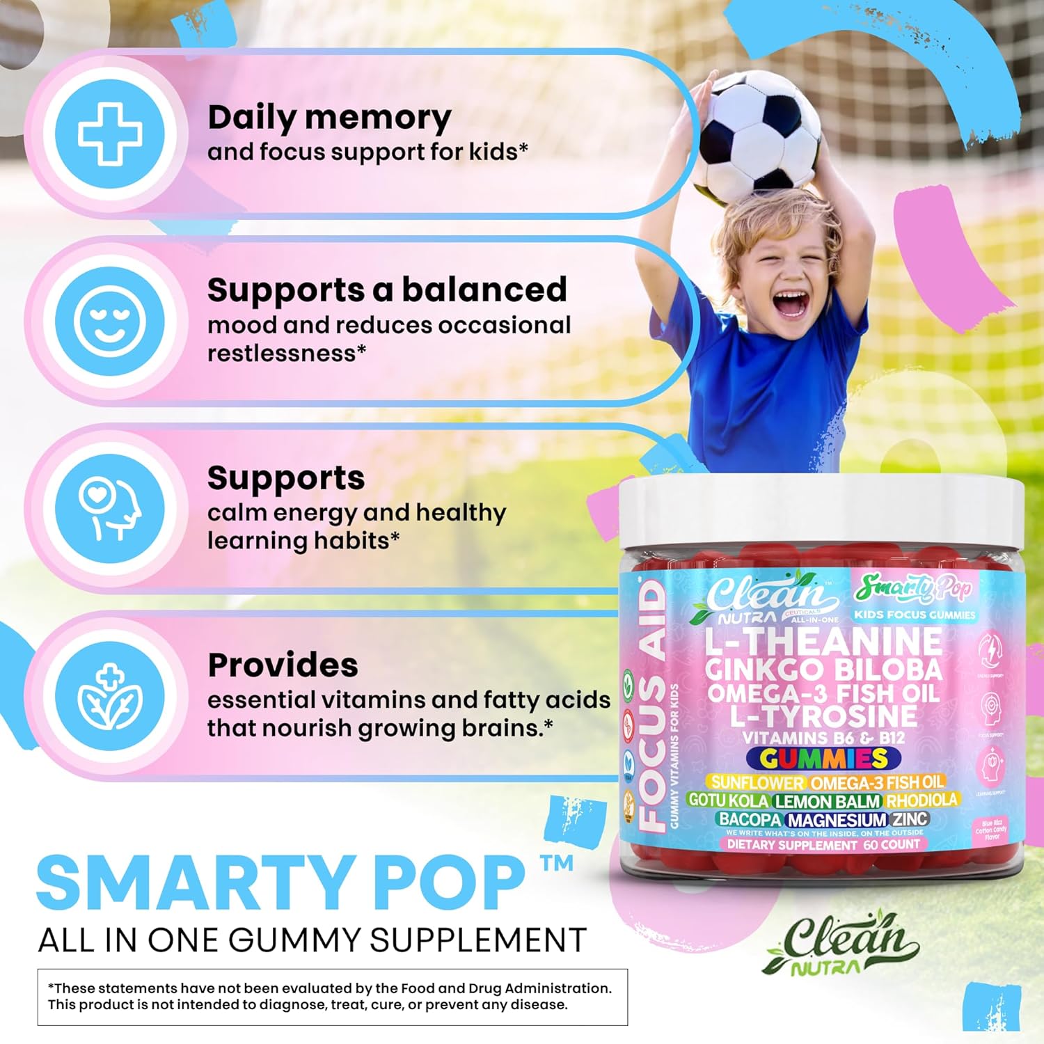 Clean Nutra Kids Focus Gummies with L-Theanine, Ginkgo Biloba, Omega-3 Fish Oil, L-Tyrosine, Vitamin B6, B12 – 60 Count, Clean Label, Non-GMO, Vegan-Friendly SmartyPop Formula for Kids Support - Image 5