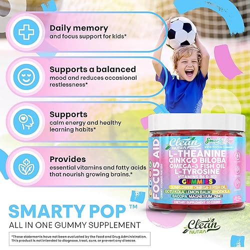 Miniatura 5 de Clean Nutra Kids Focus - Gomitas con L-teanina, ginkgo biloba, aceite de pescado omega-3, L-tirosina, vitamina B6, vitamina B12, 60 unidades,