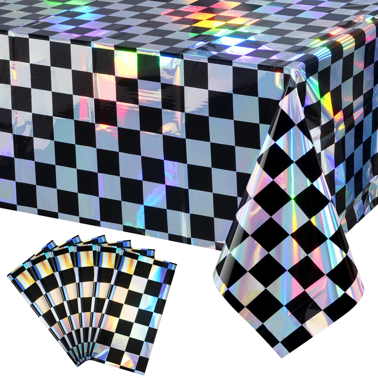 6Pack Black and Iridescent Checkered Plastic Tablecloth, Shiny Disposable Laser Rectangle Table Covers, Holographic Foil Tablecloth Iridescent Party Decorations for Picnic Camping Race Car, 54x108Inch