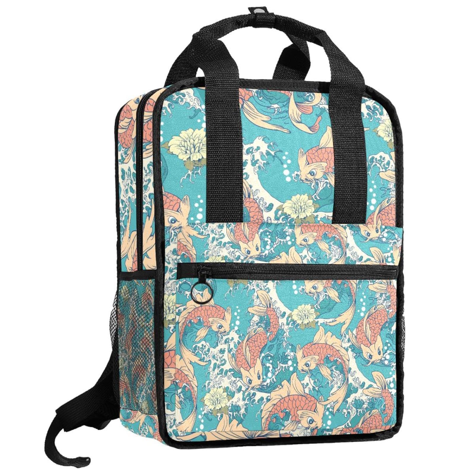 Jungen Rucksäcke Büchertasche Japanische Karpfen Taschen mit verstellbaren Schultergurten Mädchen Schultasche, mehrfarbig, 14x10.2x4.7 in/35.5x26x12 cm