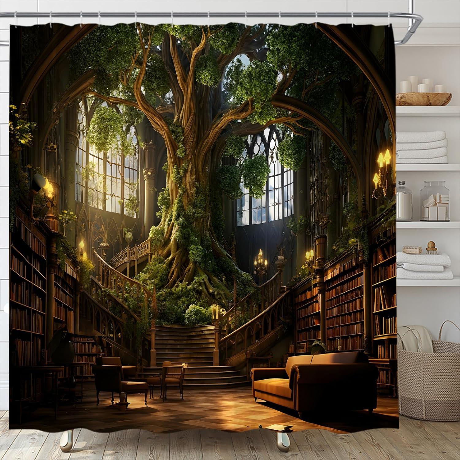Library Shower Curtain Vinatge Bookshelf Magic Green Tree Forest Gothic Medieval Retro Castle Education Bathroom Curtain Set with Hooks(108" Wx70 H)