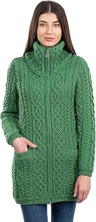 SAOL Ladies Irish Aran Zip Cardigan - 100% Merino Wool Ireland Coat with Pockets and Raised Collar