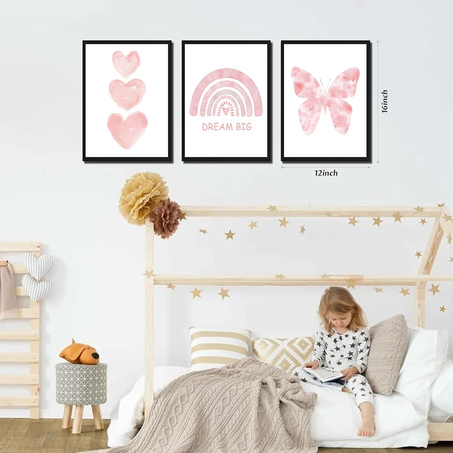 Pink Girls Nursery Wall Art Set of 3, Girl Toddler Room Wall Decor Paintings, Kids Rainbow Butterfly Love Prints Pictures for Baby Room Bedroom Decor 12x16 Inch Wood Framed image 3