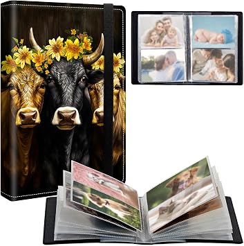 Small Photo Album 3.5x5 inch 80 Pockets Photos Pu Leather Cover Photo Albums With Elastic Band Design Cute Photo Album For Family Wedding Anniversary Travel - Brown Black Cow Sunflower