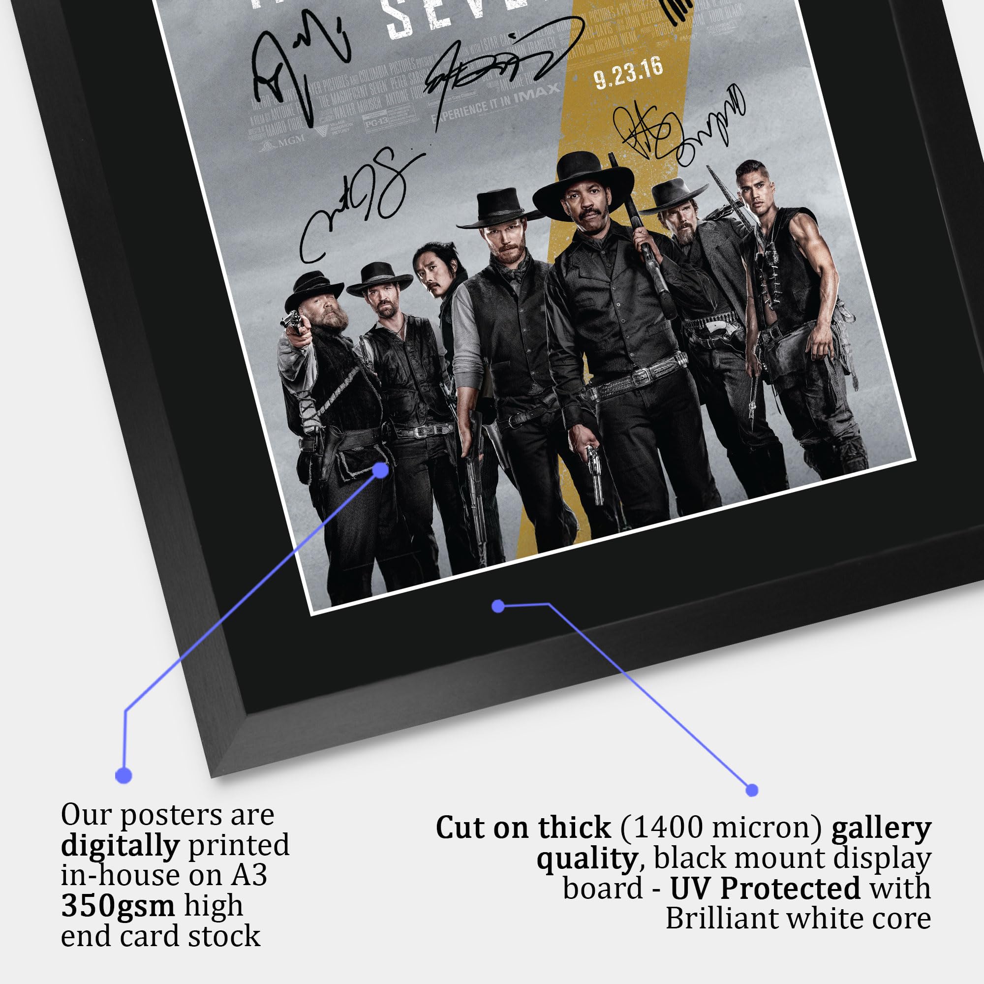 HWC Trading The Magnificent Seven 2016 Denzel Washington Geschenke Geduckter Poster Signiertes Autogramm Foto für Fans von Film Memorabilien - A3 Gerahmt (ID-009994)