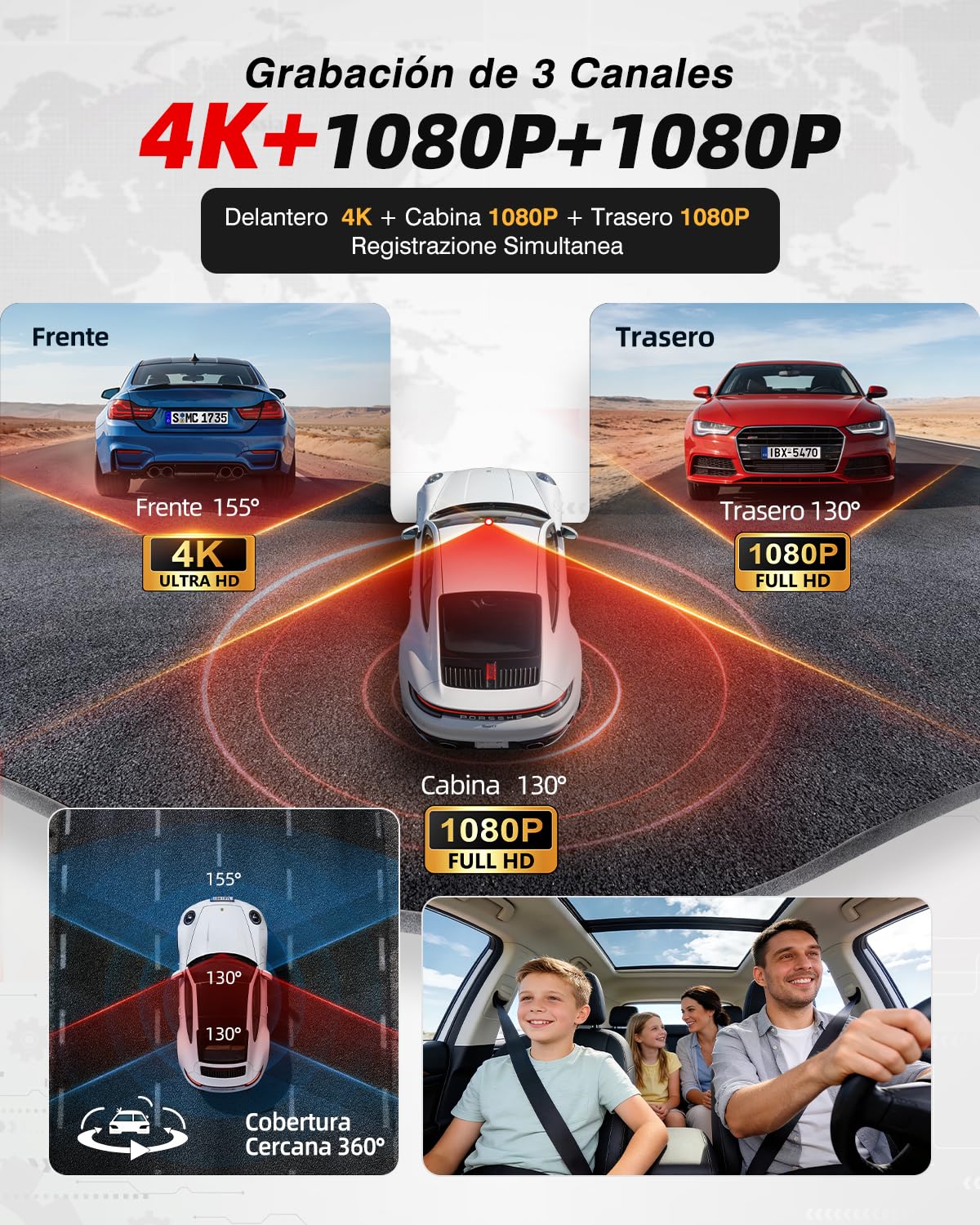 Dashcam 3 Canales STARVIS 2 y HDR - Dashcam Cámara Coche 4K Frontal, Camara vigilancia Coche 1080P Interior y Trasero,WiFi 6,GPS,G-Sensor,vigilancia del estacionamiento Las 24 Horas, Tarjeta de 64GB