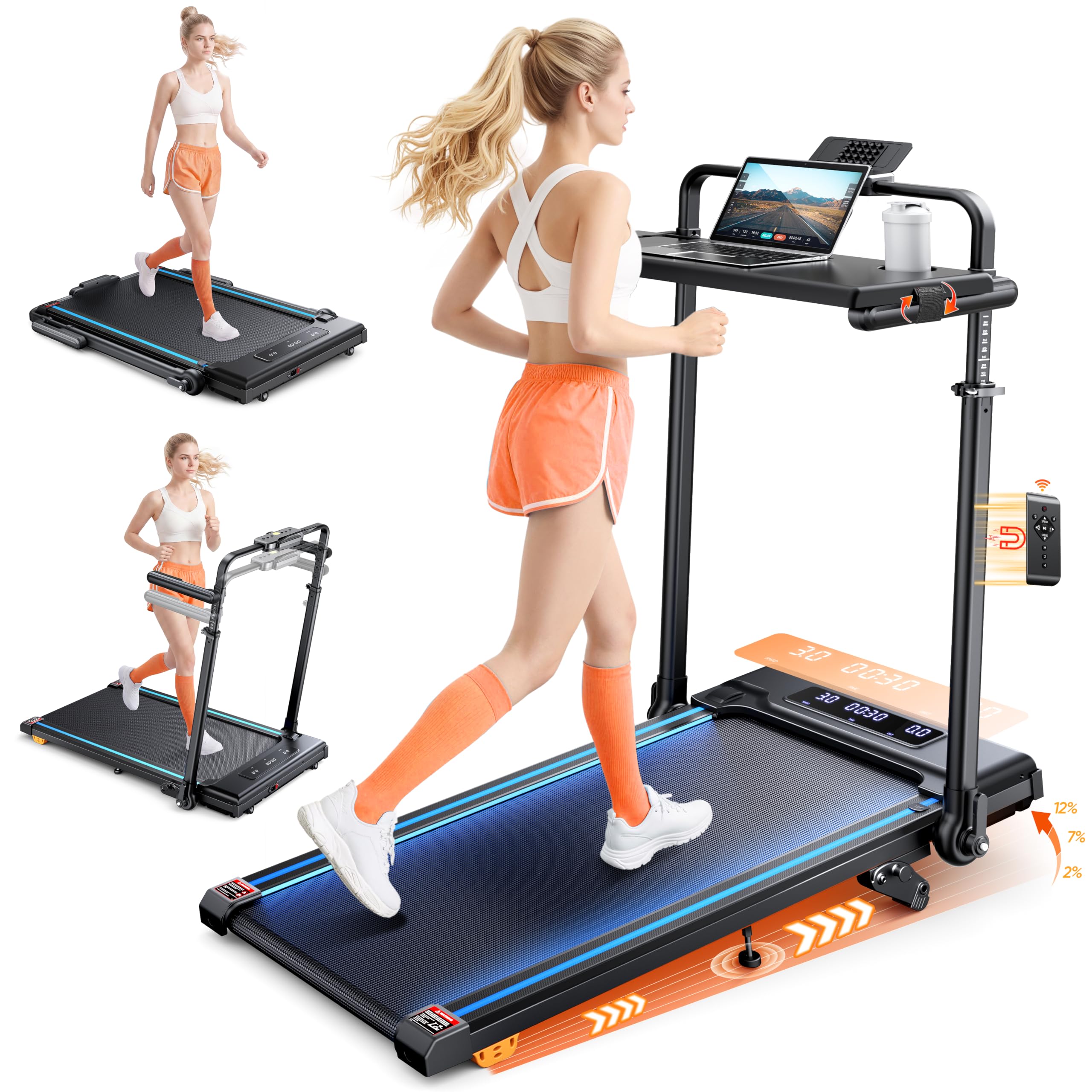 Cinta de Correr 6 en 1 con Inclinación,Walking Pad de hasta 12 km/h con Pendiente del 9%,Cinta de Correr Plegable de 2,5 HP para Oficina,Doble Pantalla LED,Capacidad de 120 kg (Light Blue)