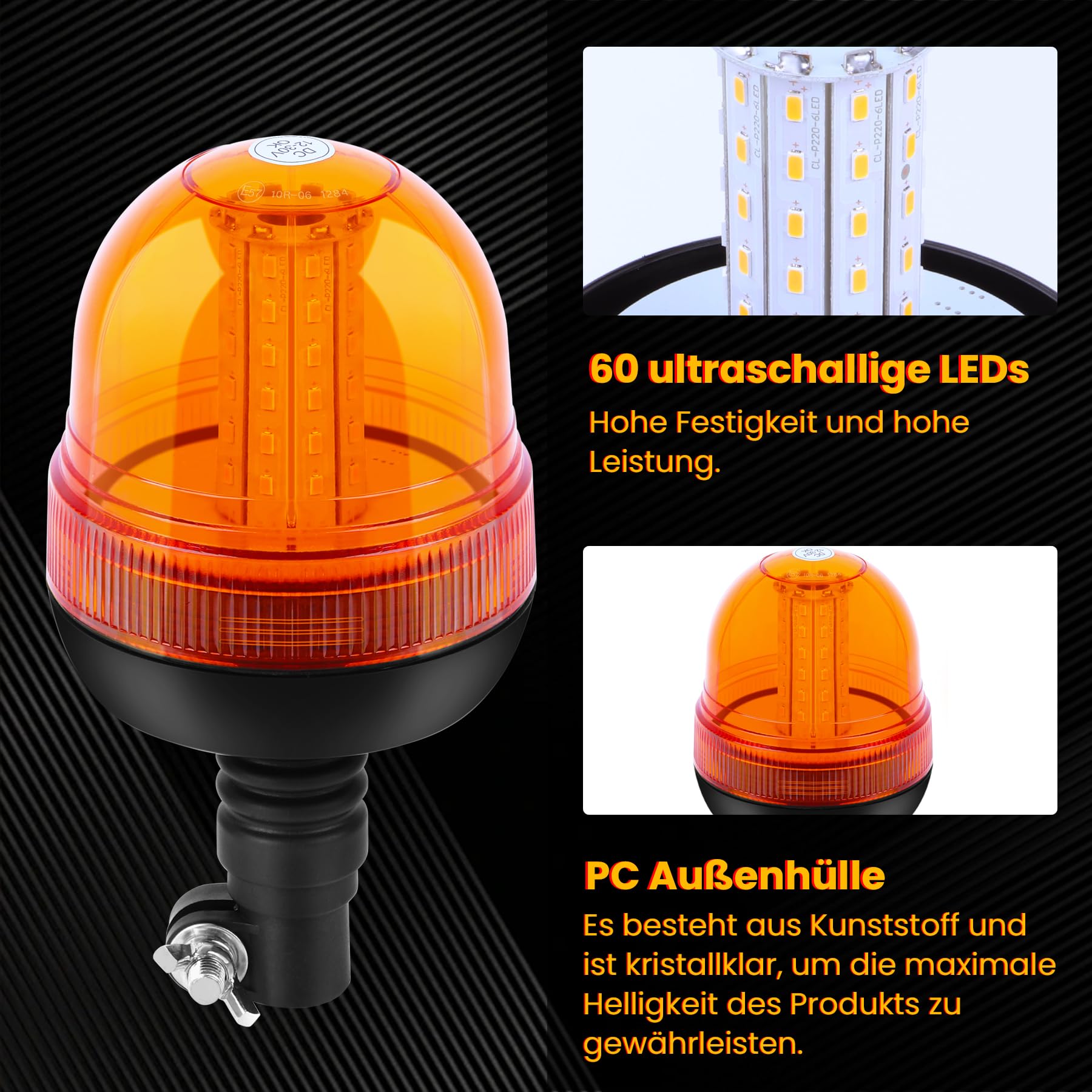 2PCS Amber Rundumleuchte - 2X60LED Warnleuchten mit 3 Blitzmustern, 12V/24V Blinkleuchte Rotating Beacon für landwirtschaftliche Maschinen, Nutzfahrzeuge, Schulbusse, Traktoren, Bagger, LKW
