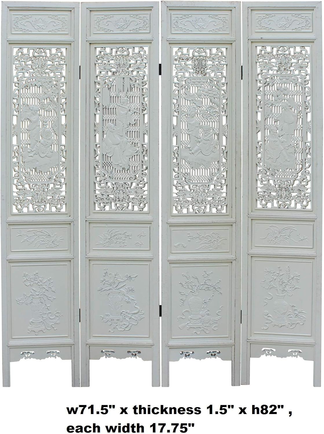 Chinese Distressed Off-White Lacquer 8 Immortal Wood Panel Floor Screen Acs5093
