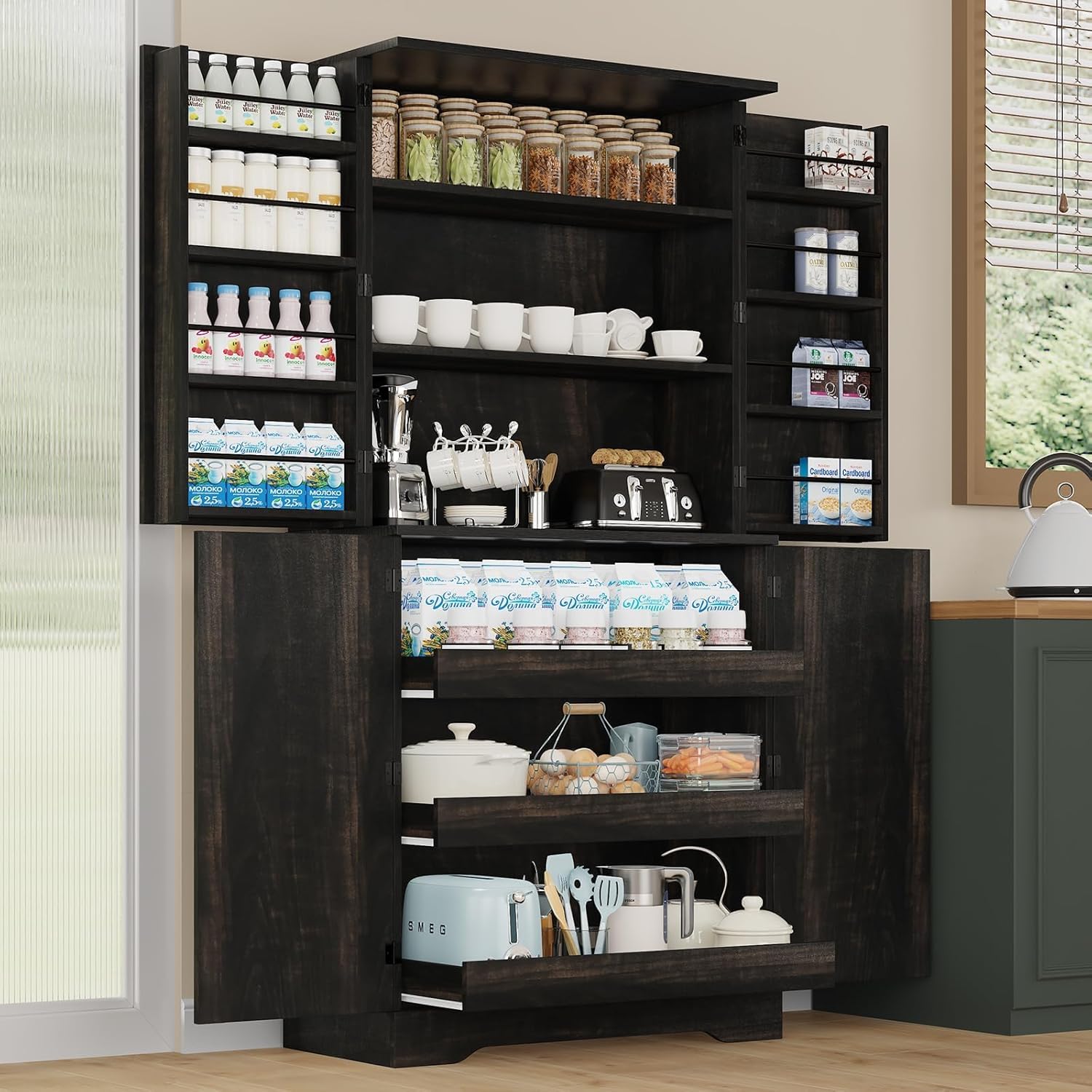 72" Kitchen Pantry Storage Cabinet, Kitchen Pantry Cabinet with Barn Door, Storage Cabinet with Drawers & Adjustable Shelves, Pantry for Kitchen, Dining Room, Black
