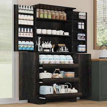 REVOMINCA Pantry Cabinet, 72 Inch Tall Kitchen Pantry Cabinet with Barn Door, Freestanding Storage Cabinet with Drawer & Adjustable Shelves, Pantry Organizer for Kitchen Dining Room Living Room, Oak
