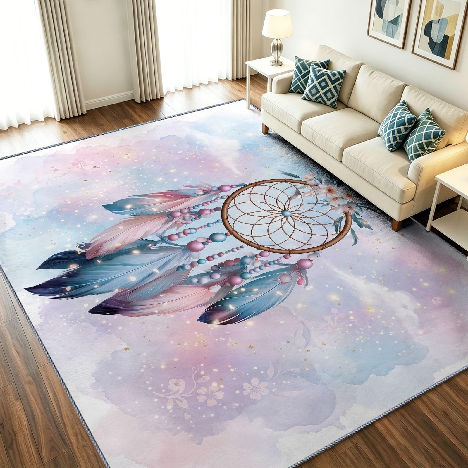 Generisch Teppich Wohnzimmer 120 x 180 cm Traumfänger Feder Kirschblüte Muster - Teppich für Wohnzimmer Küche Schlafzimmer Und Flur, Weich rutschfest Traumhaft Beruhigend Tepich Einfache Reinigung