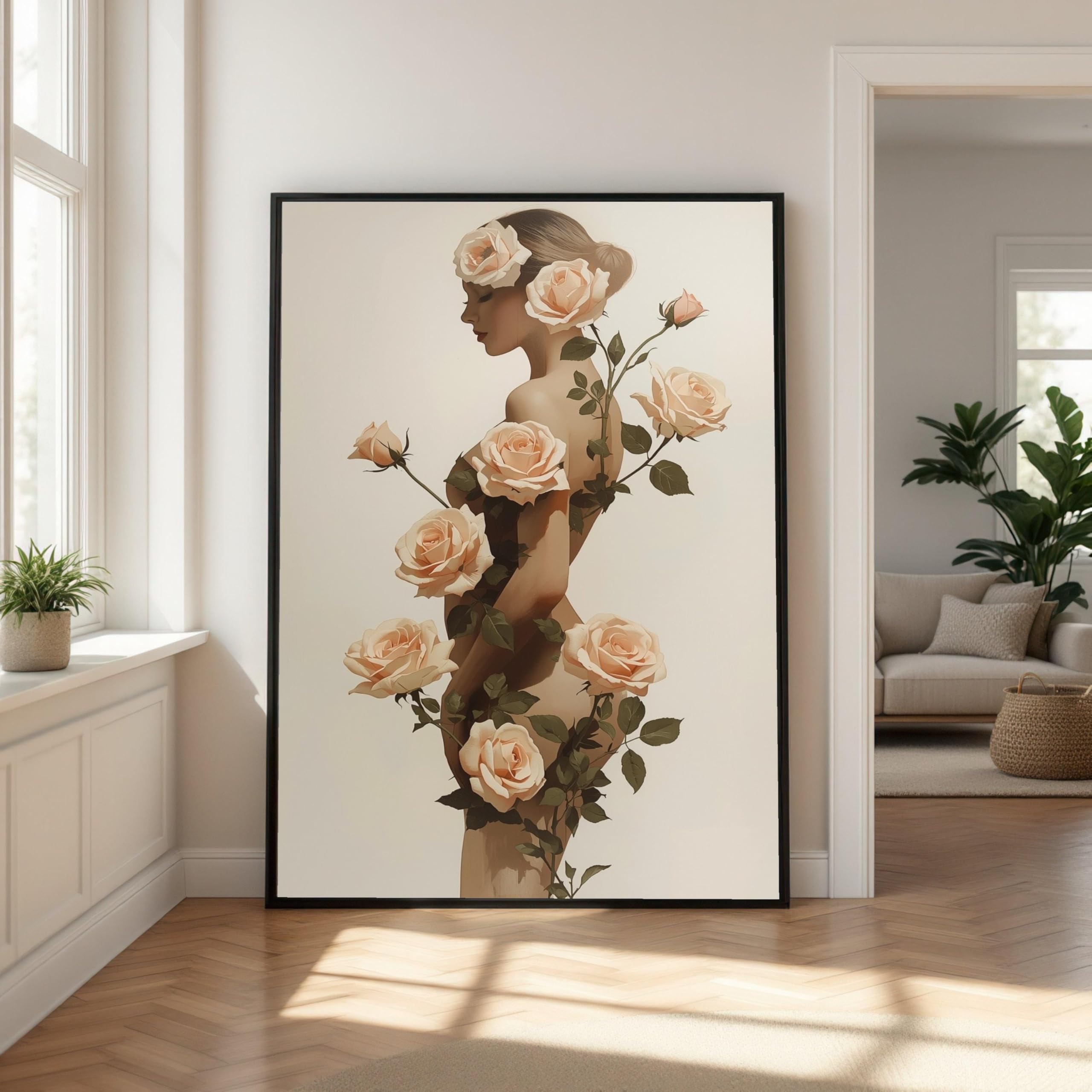 LMYCHENG Woman Silhouette Wall Art, Roses Canvas, Floral Wall Art, Beauty Wall Pictures, Soft Pastel Botanical Canvas Prints(70x110cm/Frameless)