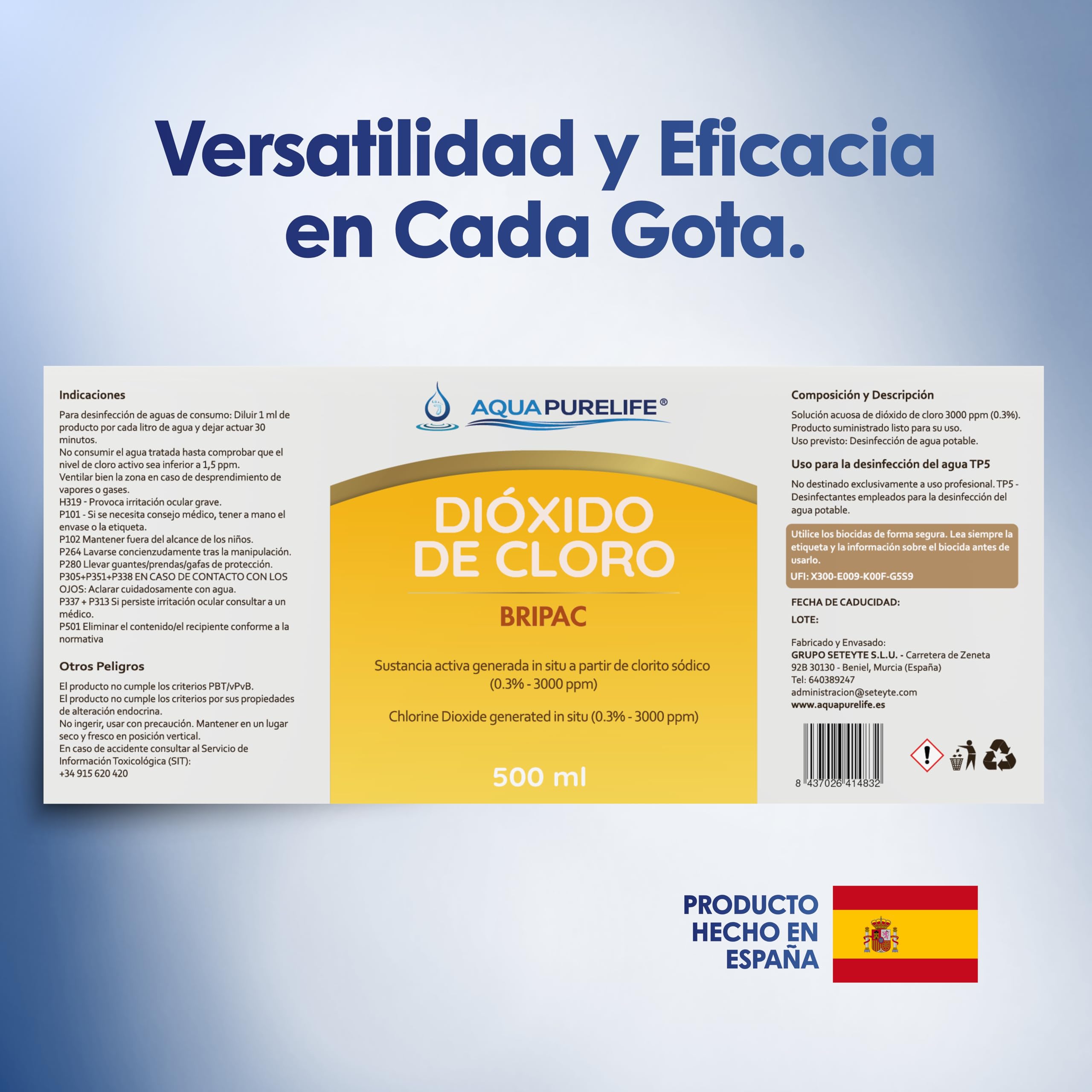 Dióxido de Cloro 500 ml - CDS 3000 ppm Solución Activada 0,3% - Formato Ahorro - Fabricante Directo - Botella Cristal Ámbar con Jeringa - Fabricado en España