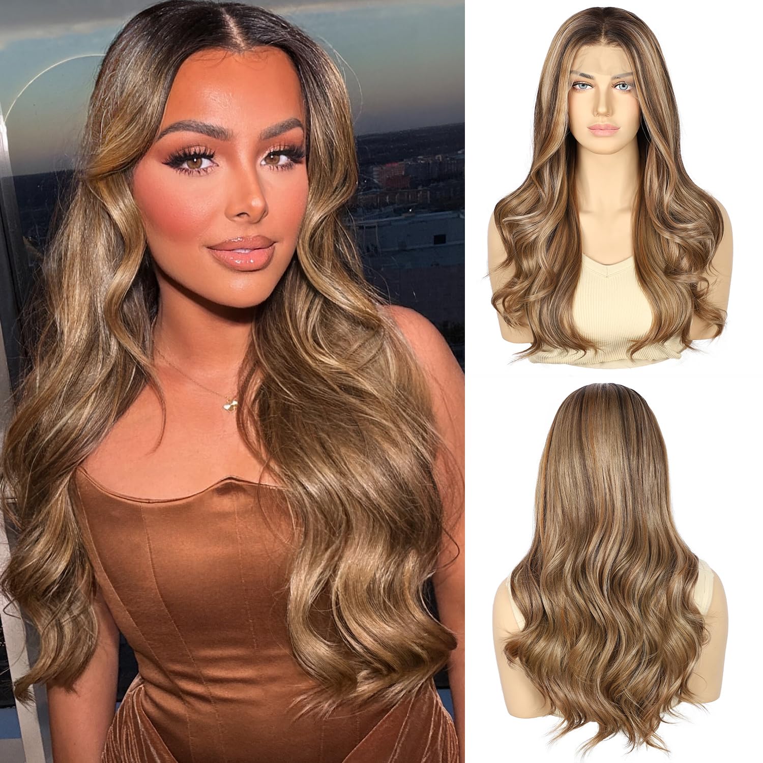 SOMIARIK Highlight Honey Blonde Lace Front Wig 13x4 Synthetic Body Wave Ombre Blonde Balayage Synthetic Lace Front Wigs Pre Plucked with Baby Hair 150% Density Party Date Daily Wear 22 Inch