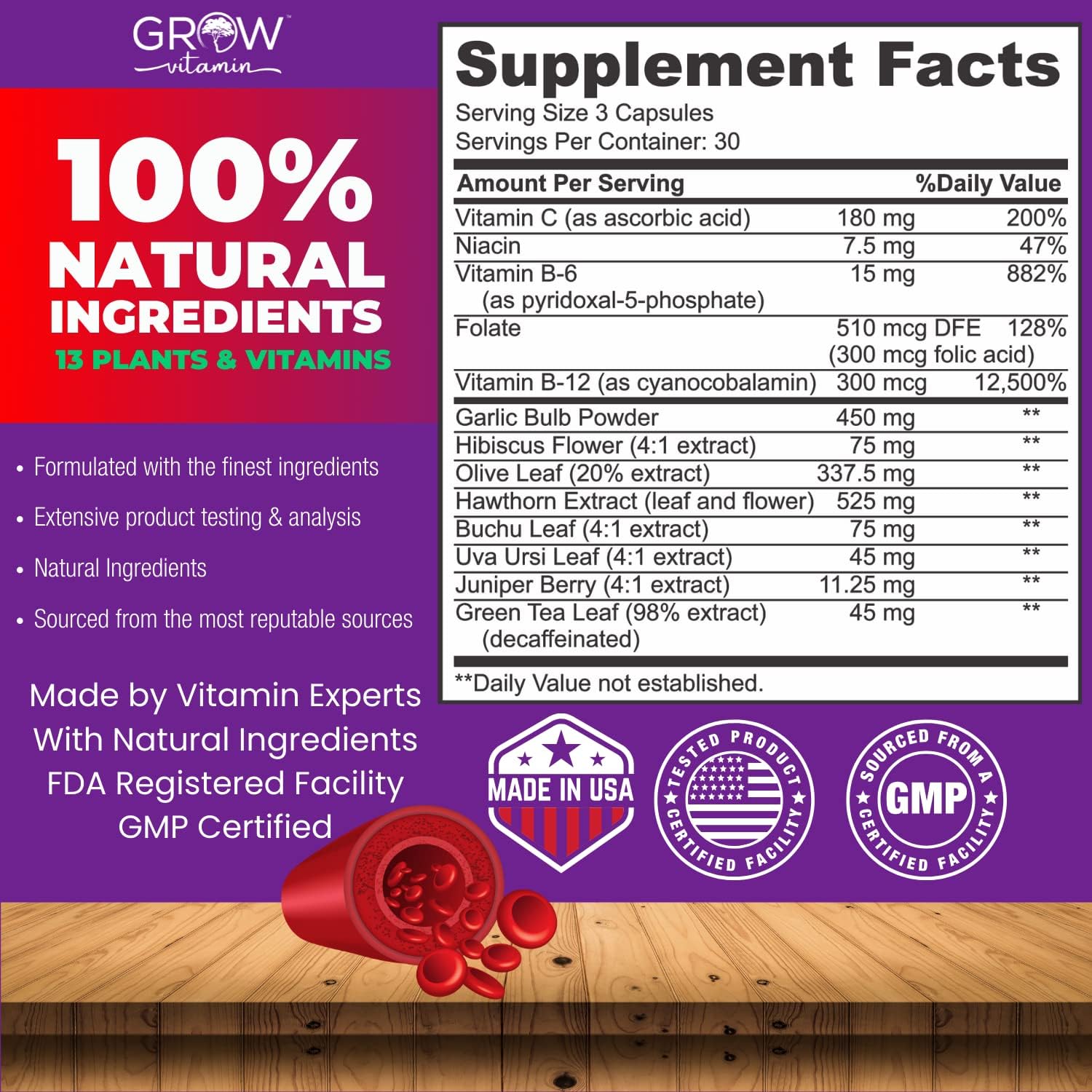 grow vitamin Blood Pressure Formula Support Supplement for Cardiovascular & Heart Health with Garlic, Hawthorn & Hibiscus - 90 Capsules