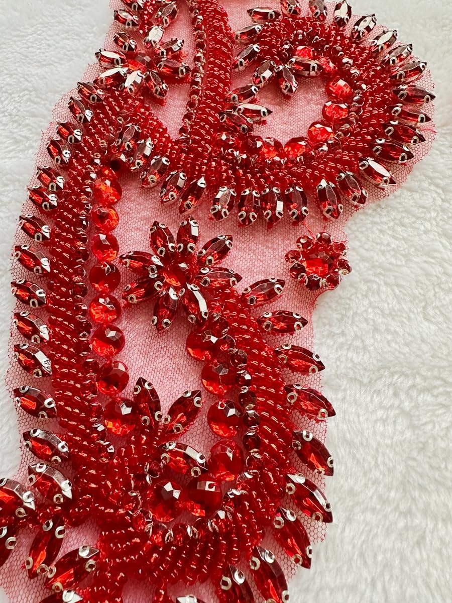 HandSewing Beads Applique sew on Rhinestones Sequins Lace Decoration Irregular Decal Patches Trimming Accessories for Wedding Dress 1pair/Set 17X5inches (Red)