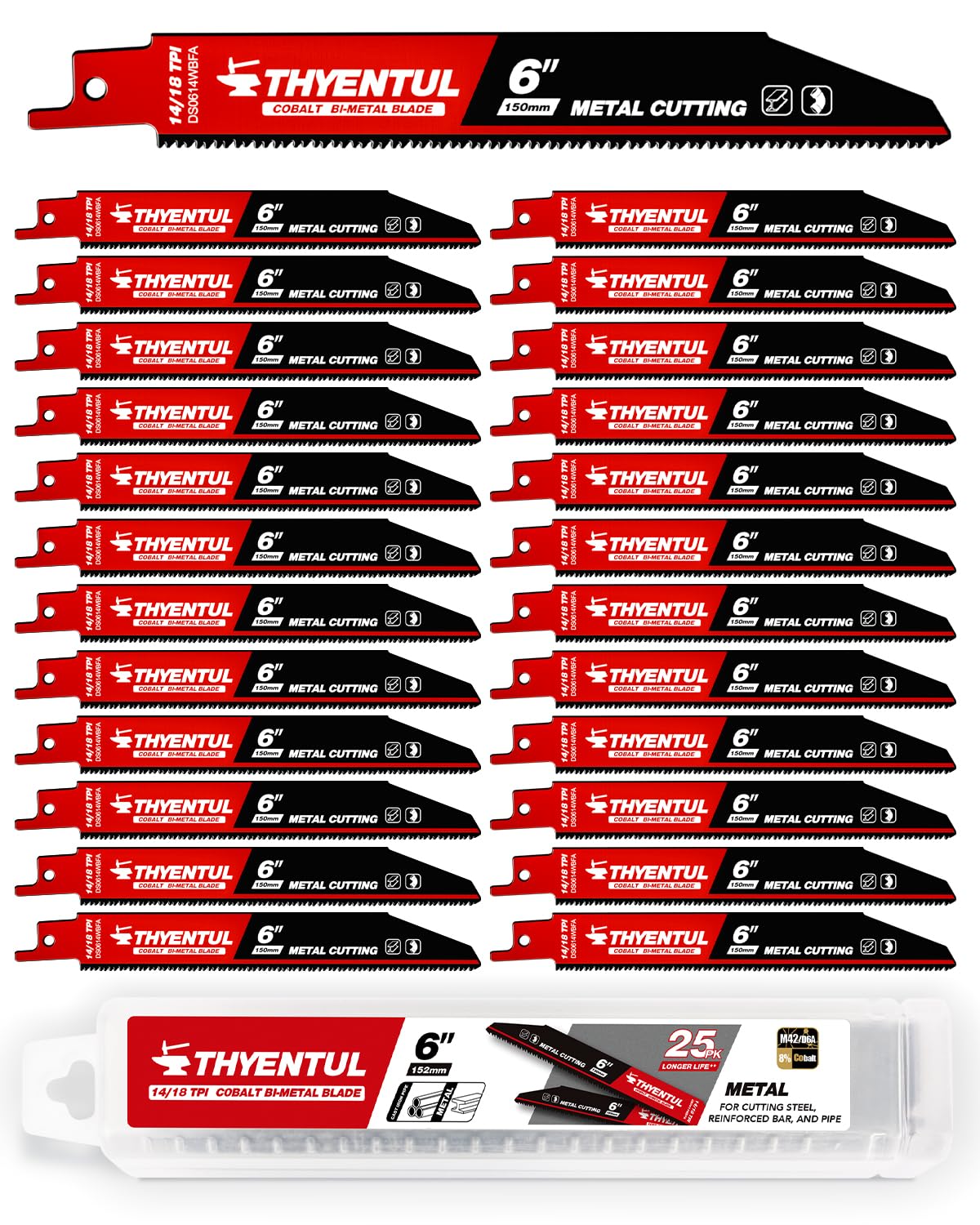 25-Pack,6-inch,14/18 TPI,Cobalt Bi-Metal Automatic Dismantling Sawzall Blades for Metal, 6” 14/18 TPI Reciprocating Saw Blades Replace Milwaukee and