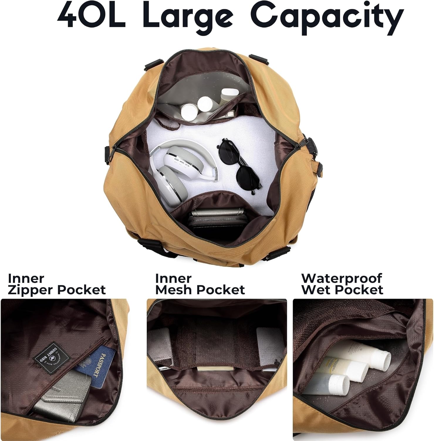 SUNNY BIRD Duffel with Utility Pouch, 40L Weekender Overnight Bag with Shoe Compartment for Travel and Sports (Brown and black) - Image 3