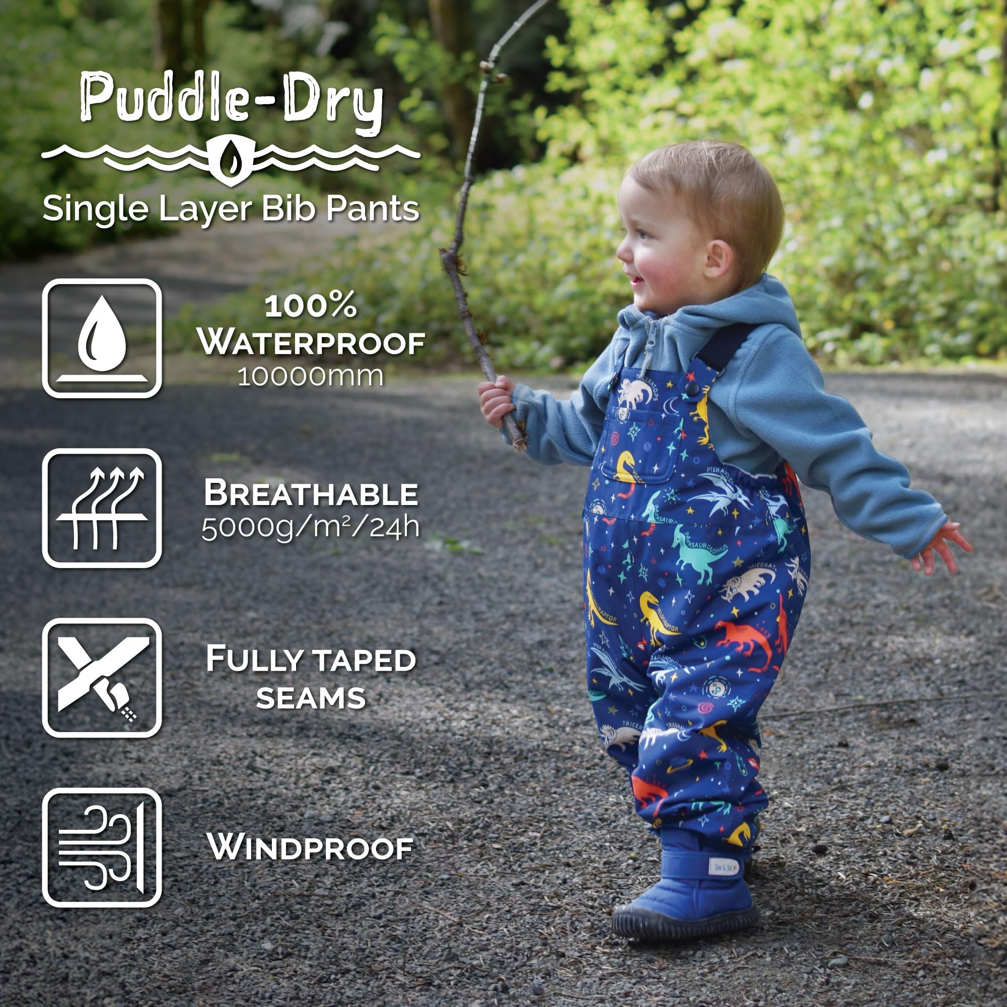 JAN & JUL Boys' Waterproof Bib Rain Pants, Lightweight Breathable Overalls for Kids (Space Dinos, Size 5T)