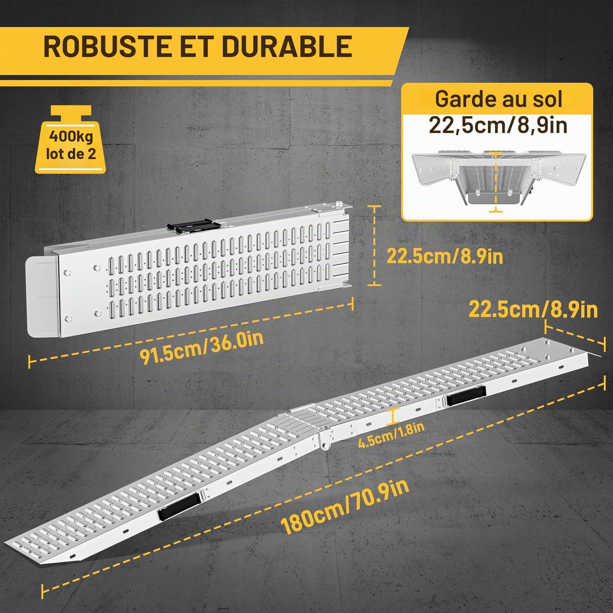 LILIIN Lot de 2 rampes d'accès pliables pour voiture - 400 kg - En acier galvanisé - Charge maximale : 180 x 22,5 cm