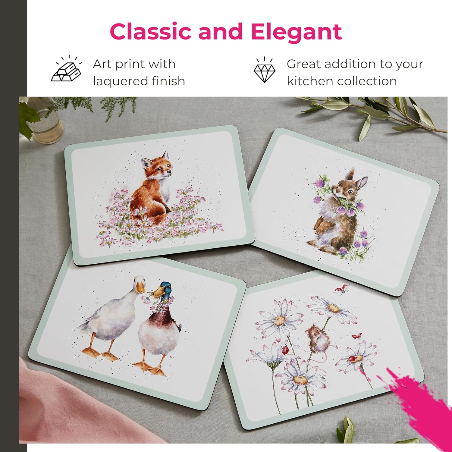 Portmeirion Wildflower Placemats (Set of 4) - Wrendale Designs | Cork-Backed Board | Decorative Dining Placemats | Easy Maintenance & Durable Table Placemats for Kitchen and Dining Room (Pack of 2)