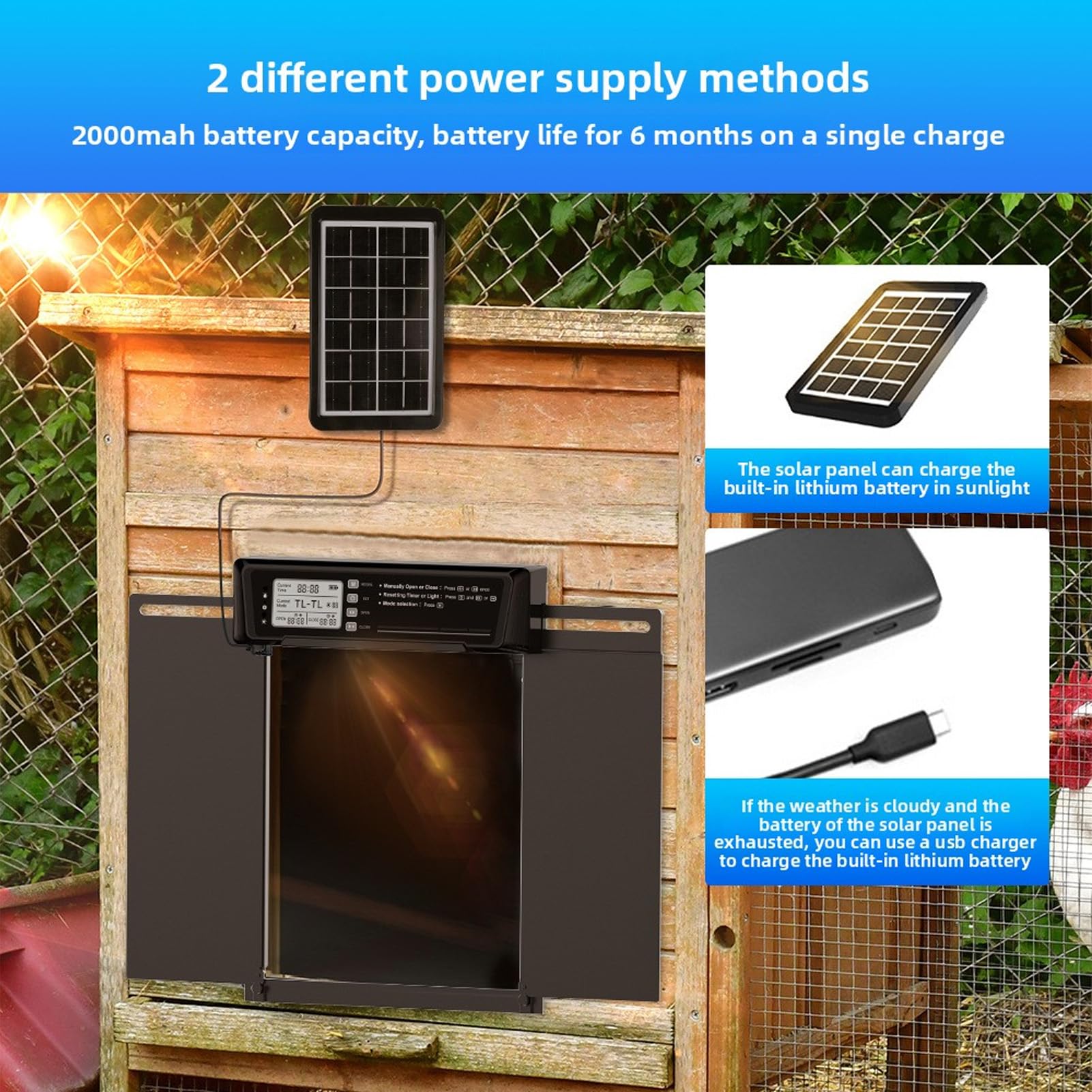 Puerta Automática para Gallinero, Aluminio con Energía Solar con Sensor de Luz, Temporizador, Control Remoto, Mecanismo Antipellizco, Alarma de Anomalía para la Seguridad de