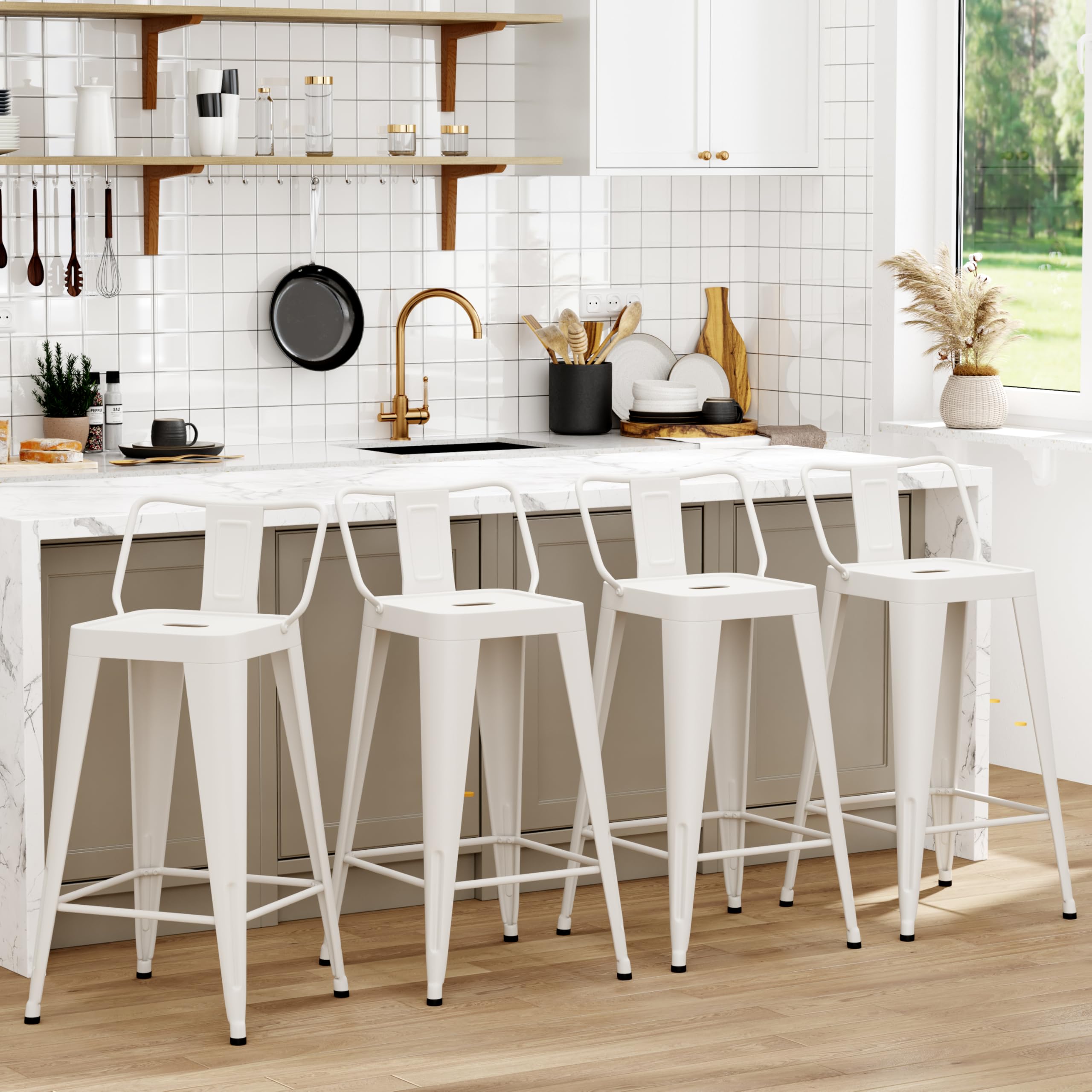 WENTMENT Metal Bar Stools Set of 4 Counter Height Bar Stools White Barstools with Removable Back 30" Kitchen Bar Stools