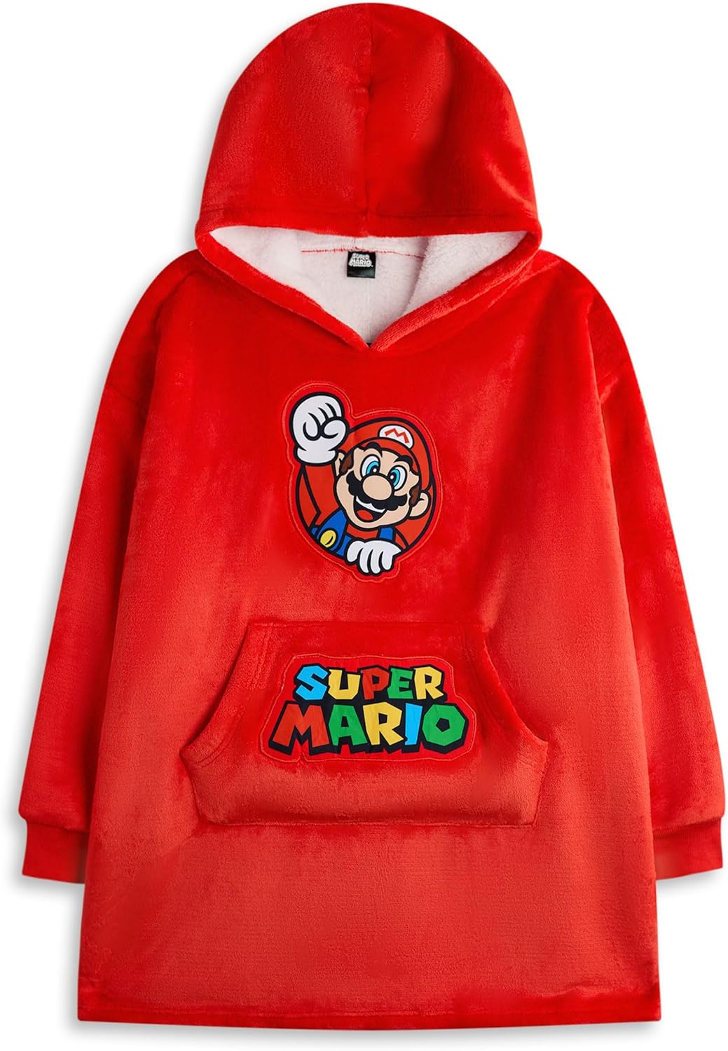 Super Mario Nintendo Boys Wearable Blanket Hoodie | Kids Red Hooded Pullover Loungewear with Mario Character Graphics