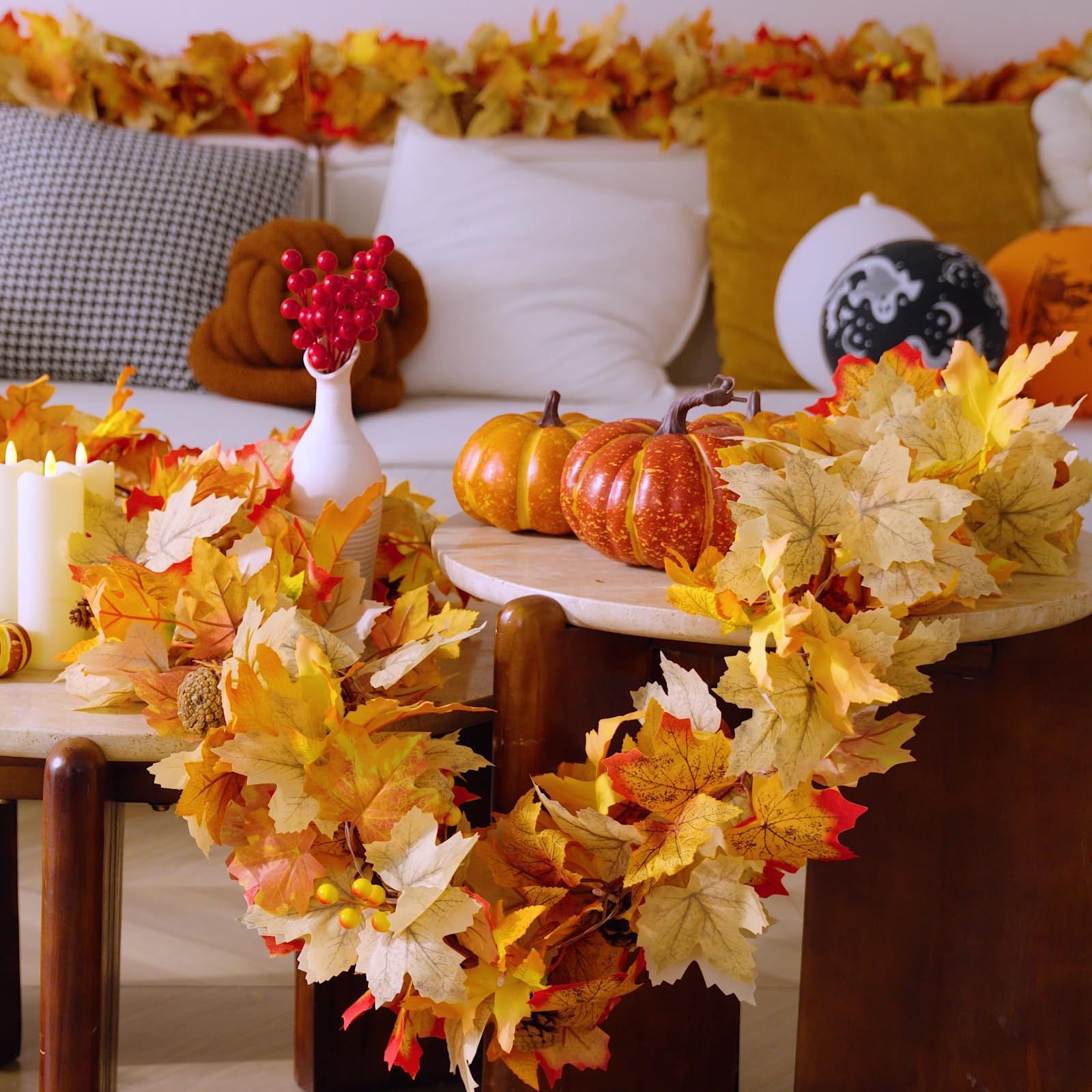 CQURE Fall Leaf Garland with Lights,Fall Decor Halloween String Lights Artificial Maple Leaves Autumn Garland Hanging Vines Thanksgiving Decor for Home Holiday Autumn(1Park)