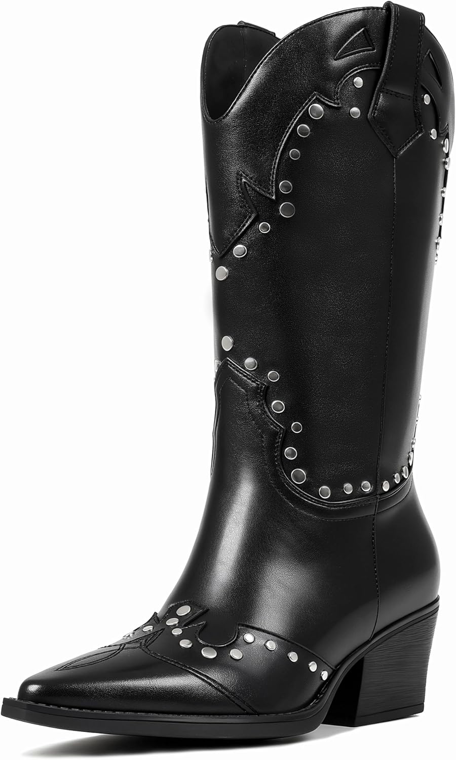 Women's Cowboy Boots Mid Calf Studded Pointed Toe Western Cowgirl Boots with Side Zipper