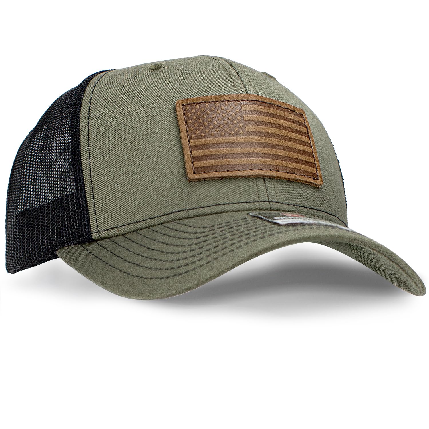 American Flag Richardson 112 Trucker Hat for Men | Leather Patch | Machine-Stitched Badge | Adjustable Snapback Country Hat (Loden+Black)