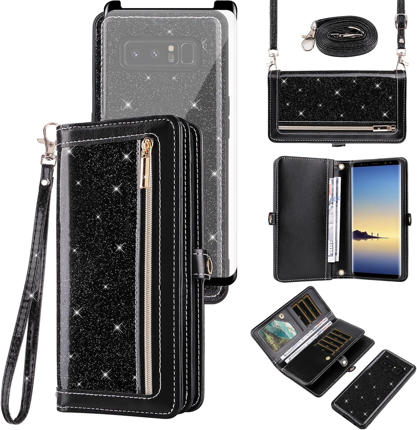 Asuwish Phone Case for Samsung Galaxy Note 8 Zipper Wallet Detachable Cell Cover with Tempered Glass Screen Protector Crossbody Strap Bling Glitter Flip Card Holder Note8 Not S8 Gaxaly Women Black