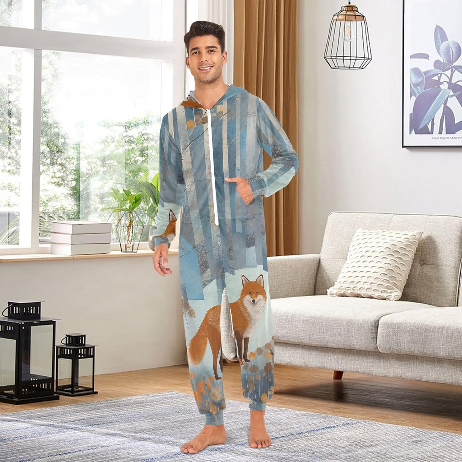 GAIREG Fox Birch Forest Adult Onesie Pajamas Soft Fleece One Piece Jumpsuit for Men Women Winter Loungewear