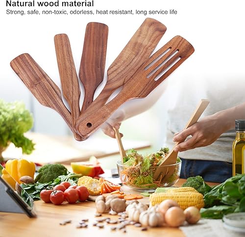 Miniatura 2 de Juego de utensilios de cocina de madera de teca, 5 piezas, espátulas de madera, herramientas de calor con orificio para colgar, para agitar, girar y