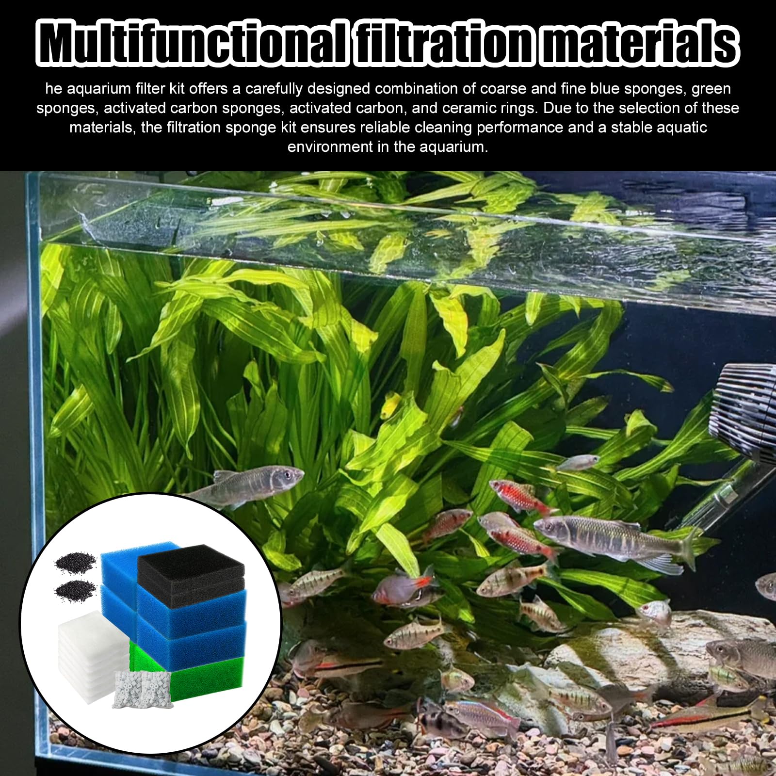 Set di filtri compatibili, kit per filtri per acquario, 6 spugne (2 blu fine, 2 blu grosso, 2 verdi), 6 lana filtrante, 2 spugne al carbonio attivo, 2 sacchetti di carbone attivo, 2 anelli in ceramica