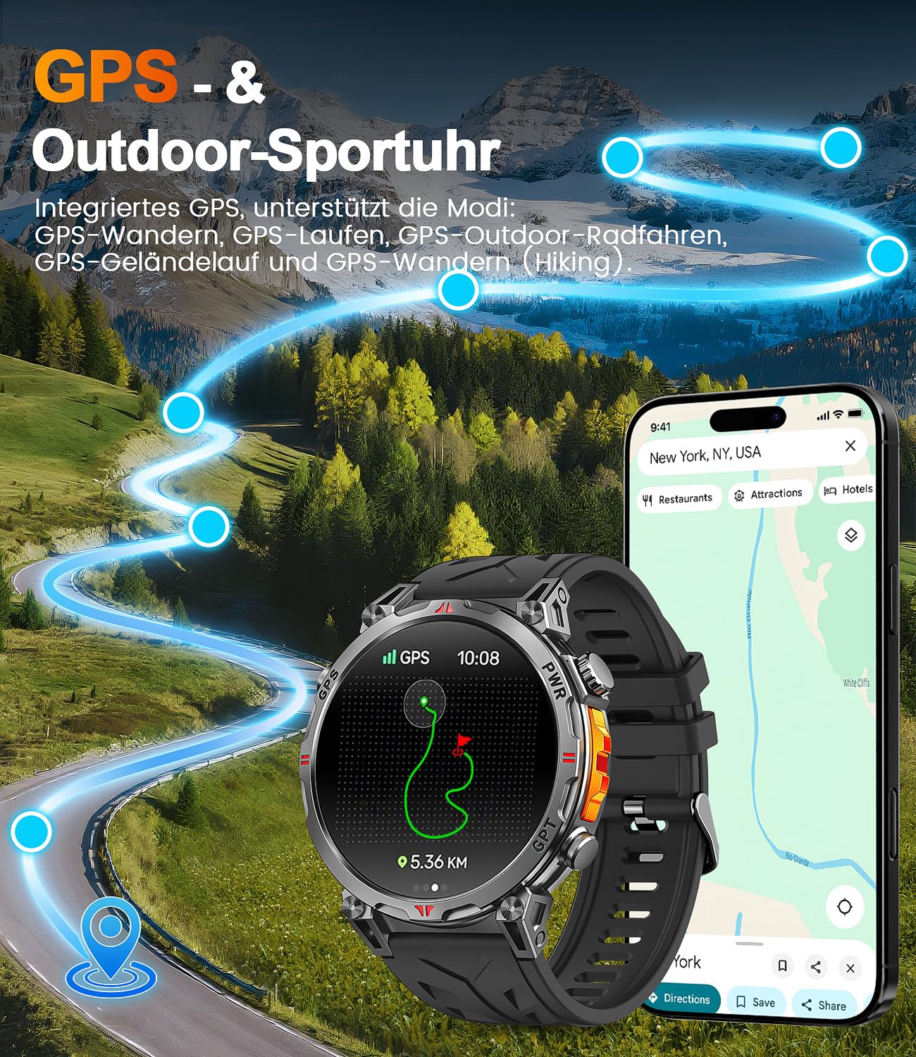 GPS Smartwatch Herren, Militär Smartwatch GPS Sportuhr 1.6" AMOLED Display,Telefoniefunktion, Herzfrequenz, Schlaf, 5 GPS-Sportmodi, 100+ Sportmodi Fitnessuhr für Android iOS