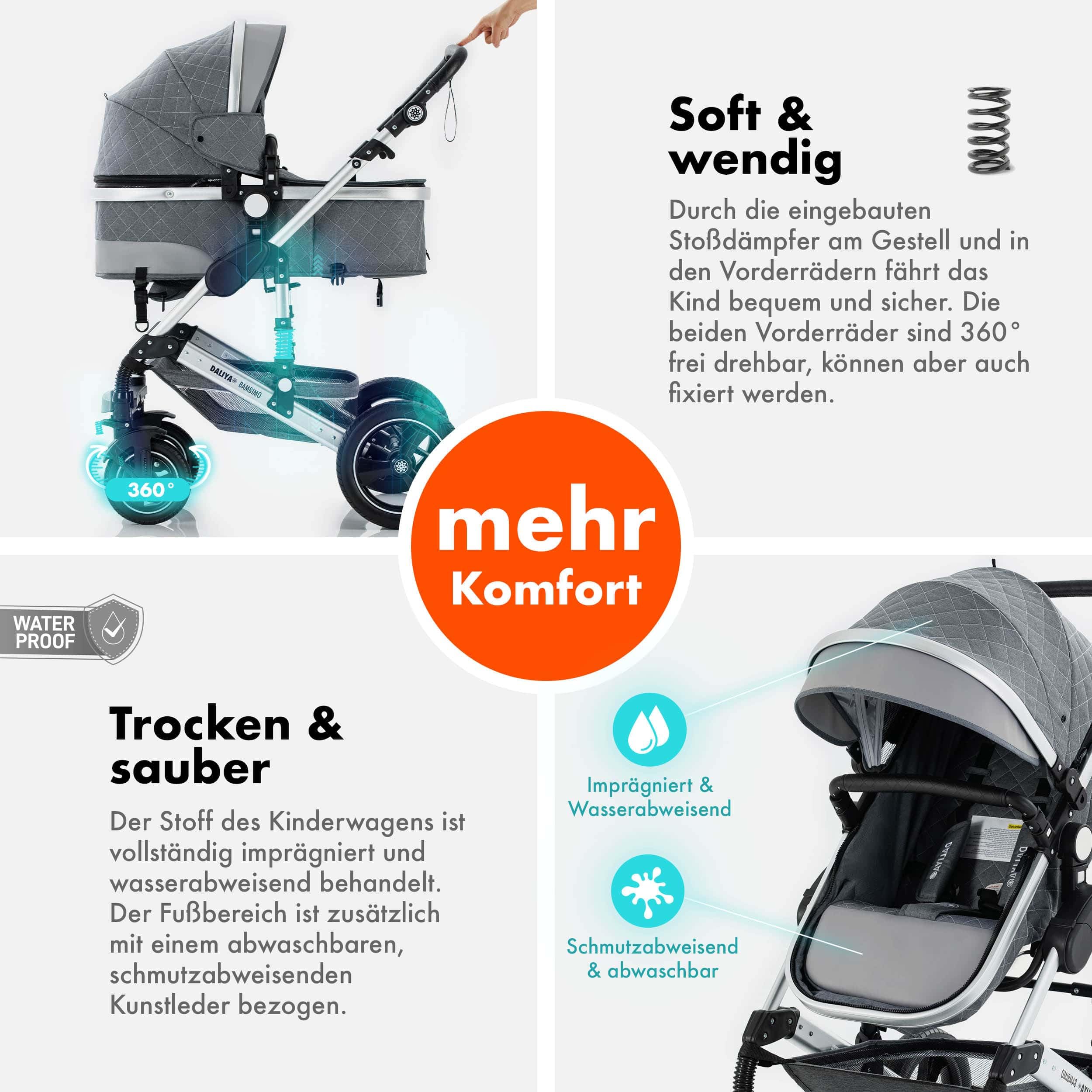 Daliya® BAMBIMO 2in1 Kinderwagen | Kombikinderwagen mit Aluminium-Gestell & Federung | Umbaubar zum Buggy | Wenderichtung beidseitig | Klappbar & platzsparend | Airless-Räder (Grau - Rahmen Silber)