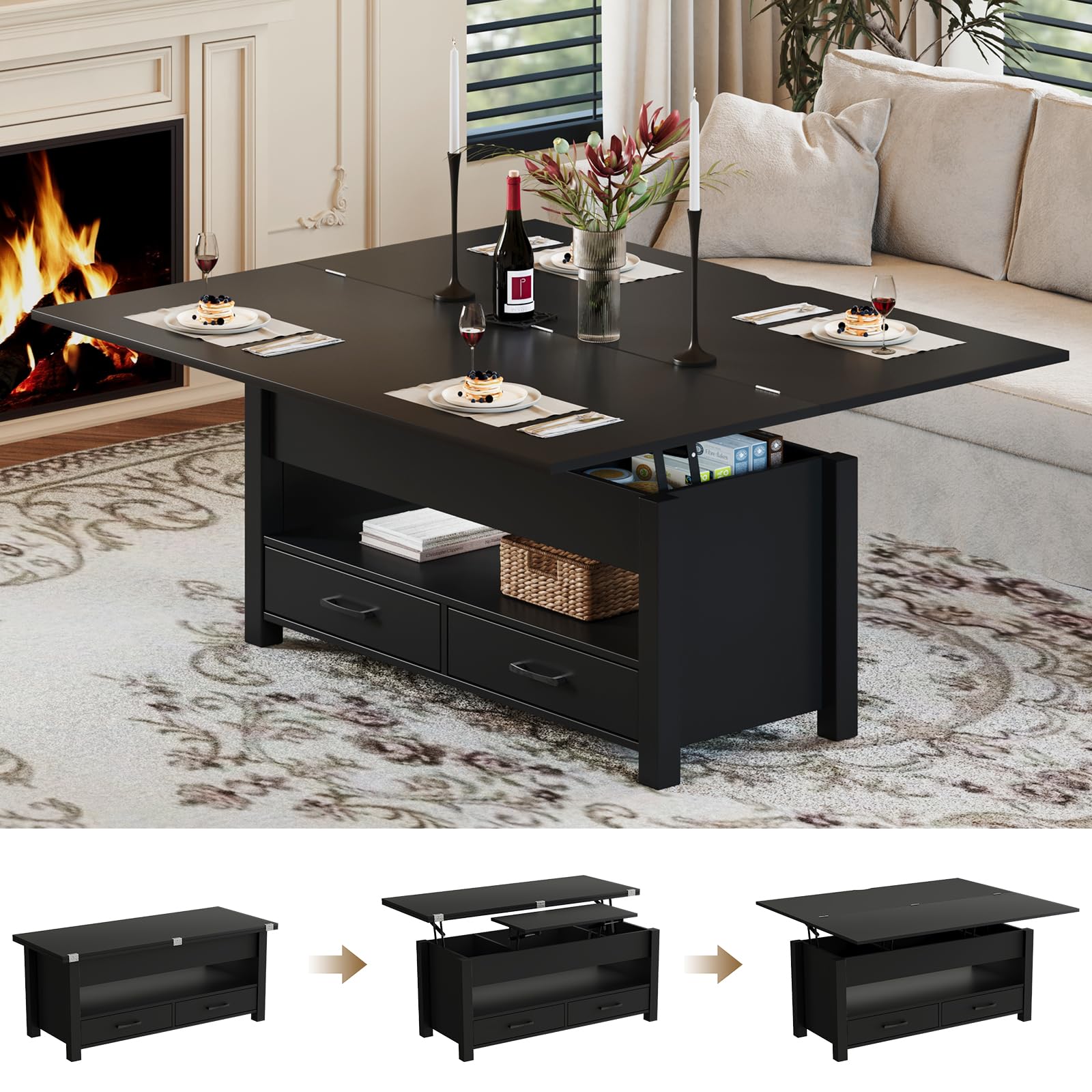40" Coffee Table Lift Top, Multi-Function Convertible Coffee Table with Drawers and Hidden Compartment, Converts to Dining Table for Living Room